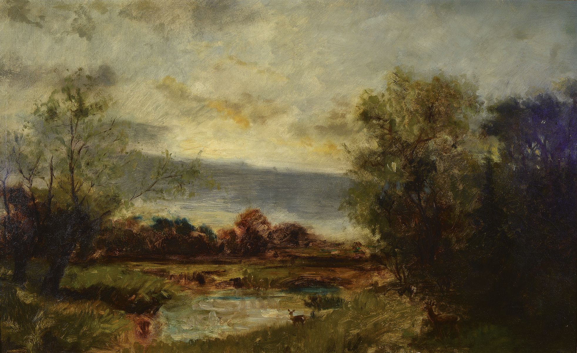 Ungedeuteter Monogrammist PH. A., um 1900, impressionistische Malweise, aufziehendes Gewitter, starke Varianz in den Grün und Brauntönen, gute ...