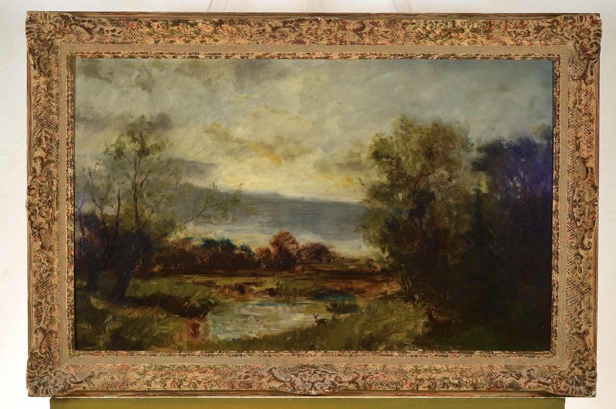 Detail k: Ungedeuteter Monogrammist PH. A., um 1900, impressionistische Malweise, aufziehendes Gewitter, starke Varianz in den Grün und Brauntönen, gute ...