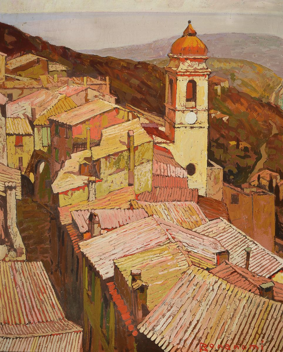 César Bonanomi, geb. 1875, südliche Hügellandschaft mit Blick auf die Dächer und den Kirchturm eines Dorfes, Öl/Lwd, re. u. in Rot signiert, ...