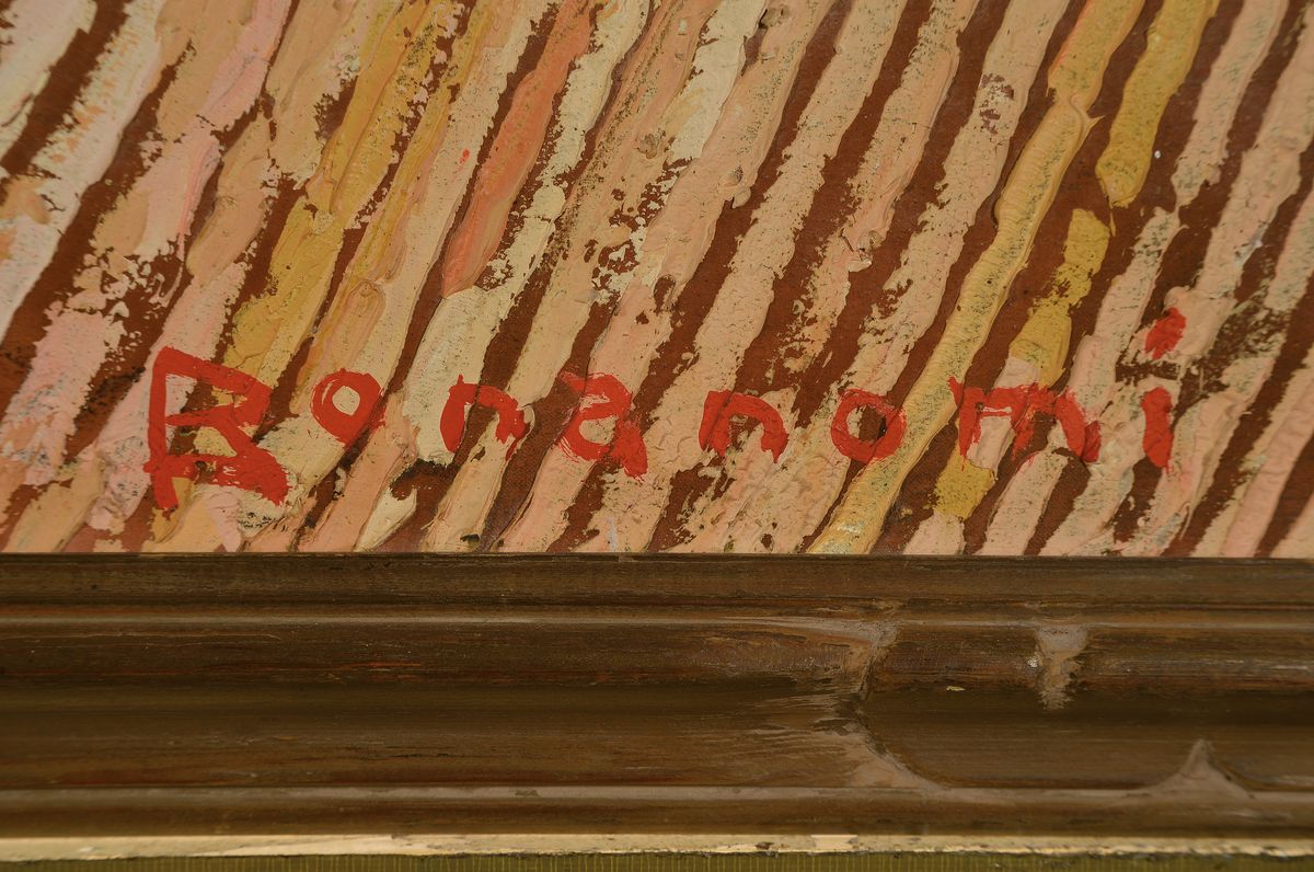 Detail a: César Bonanomi, geb. 1875, südliche Hügellandschaft mit Blick auf die Dächer und den Kirchturm eines Dorfes, Öl/Lwd, re. u. in Rot signiert, ...