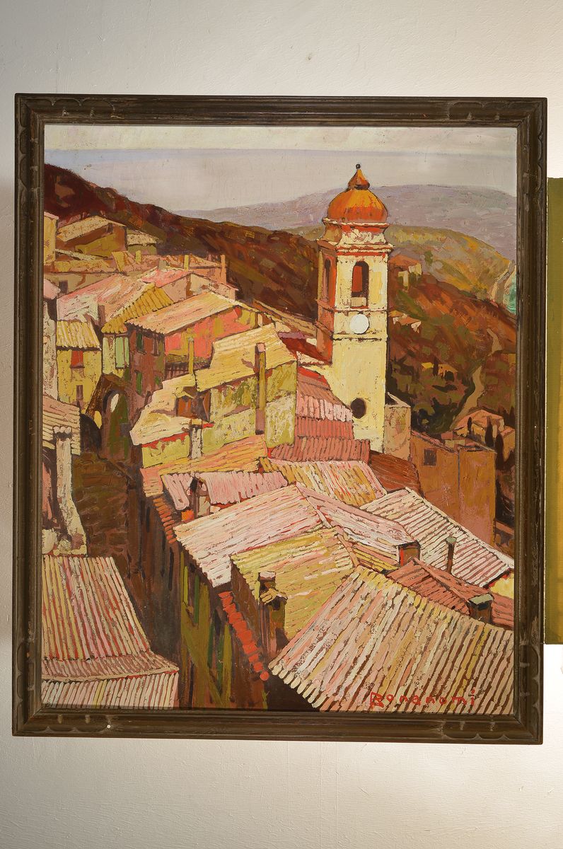 Detail k: César Bonanomi, geb. 1875, südliche Hügellandschaft mit Blick auf die Dächer und den Kirchturm eines Dorfes, Öl/Lwd, re. u. in Rot signiert, ...