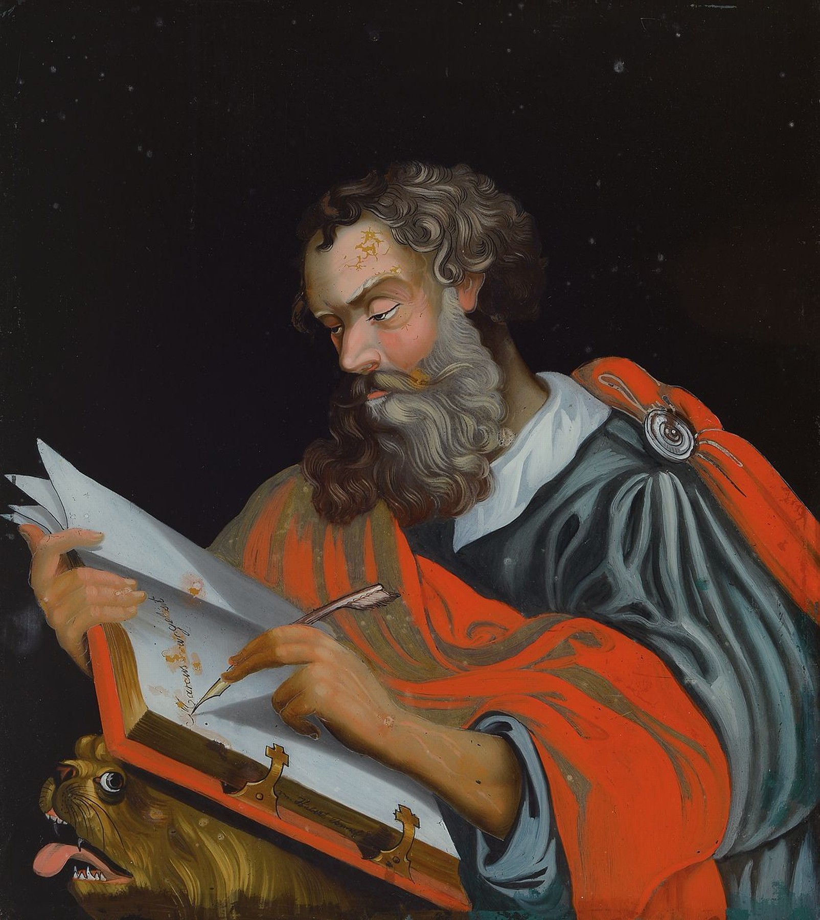 Detail a: Vier Augsburger Hinterglasmalereien, um 1810, die vier Evangelisten, ein Gemälde mit Sprung, l. Altersspuren, ca. 43x37cm, wurden laut ...