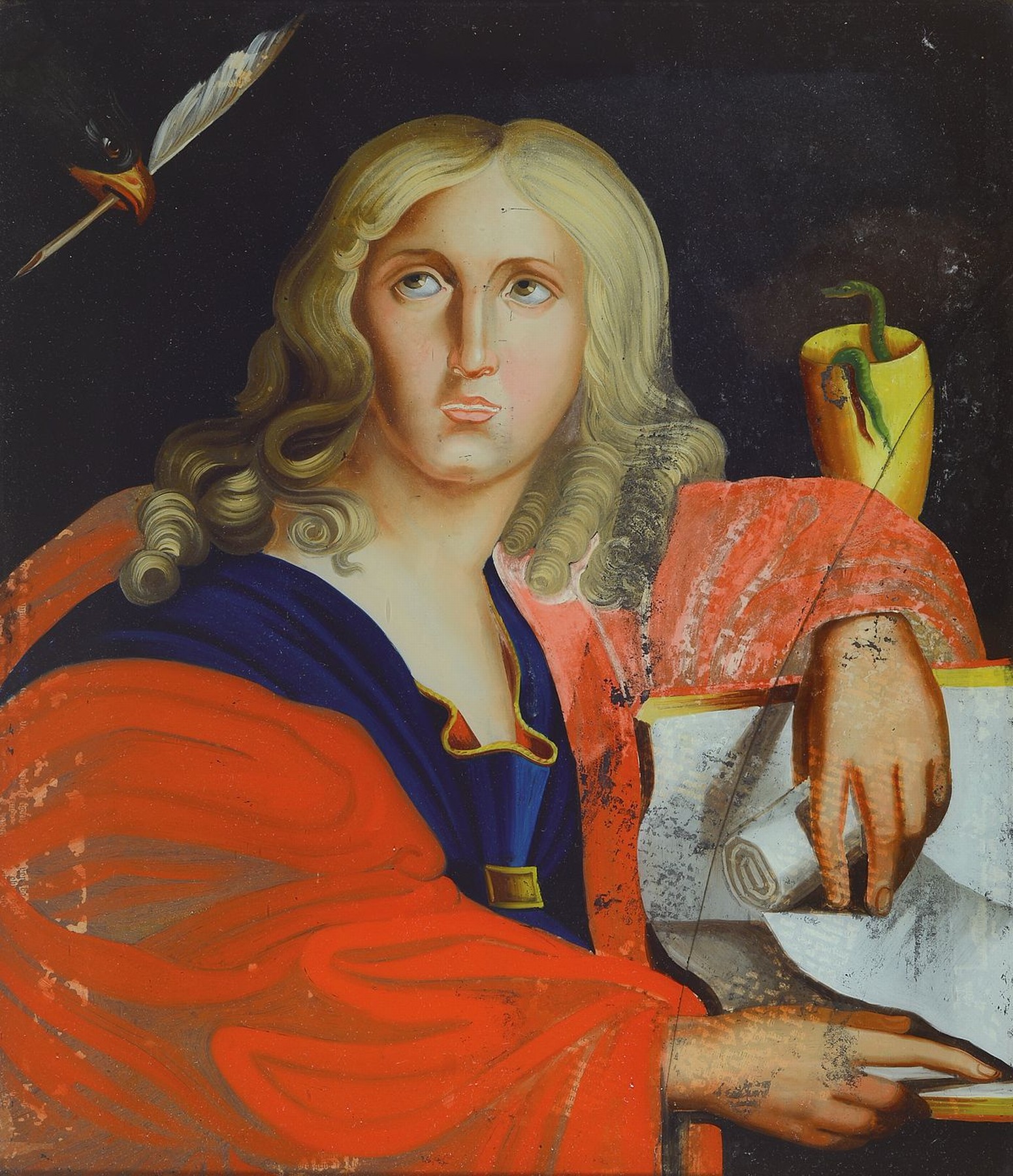 Detail b: Vier Augsburger Hinterglasmalereien, um 1810, die vier Evangelisten, ein Gemälde mit Sprung, l. Altersspuren, ca. 43x37cm, wurden laut ...