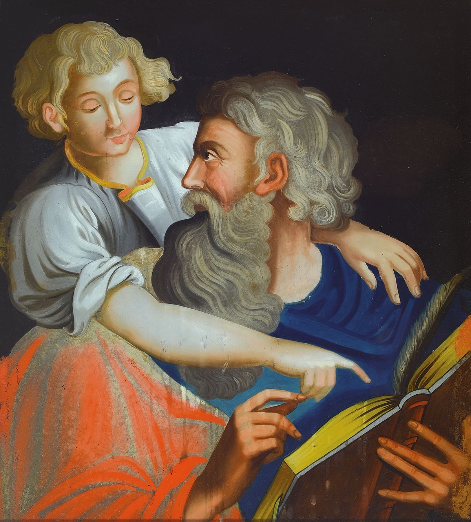 Detail c: Vier Augsburger Hinterglasmalereien, um 1810, die vier Evangelisten, ein Gemälde mit Sprung, l. Altersspuren, ca. 43x37cm, wurden laut ...