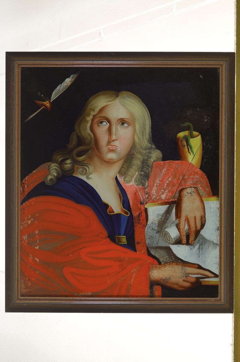 Detail k: Vier Augsburger Hinterglasmalereien, um 1810, die vier Evangelisten, ein Gemälde mit Sprung, l. Altersspuren, ca. 43x37cm, wurden laut ...