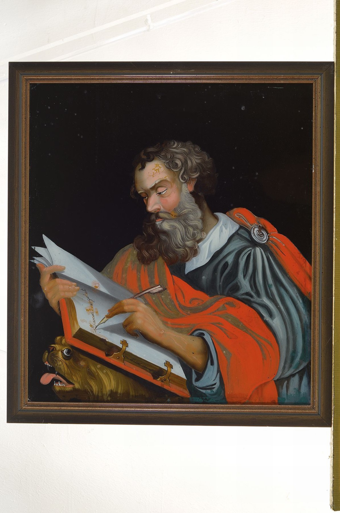 Detail l: Vier Augsburger Hinterglasmalereien, um 1810, die vier Evangelisten, ein Gemälde mit Sprung, l. Altersspuren, ca. 43x37cm, wurden laut ...