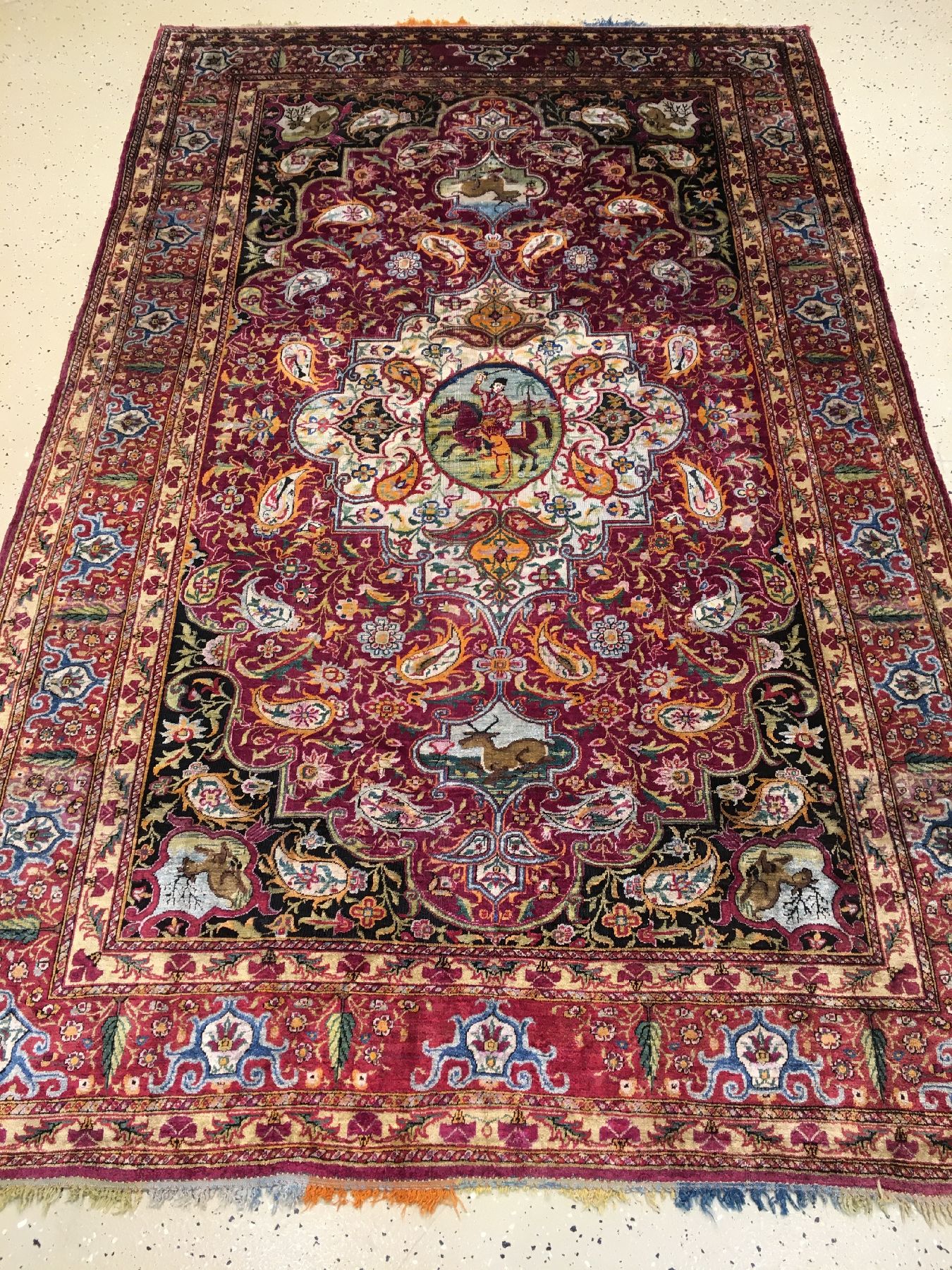 Detail a: Sehr seltener feiner Yazd "Seidenteppich" antik (Haftrang Multicolor Fransen), Südpersien, 19.Jhd., reine Naturseide mit farbiger ...