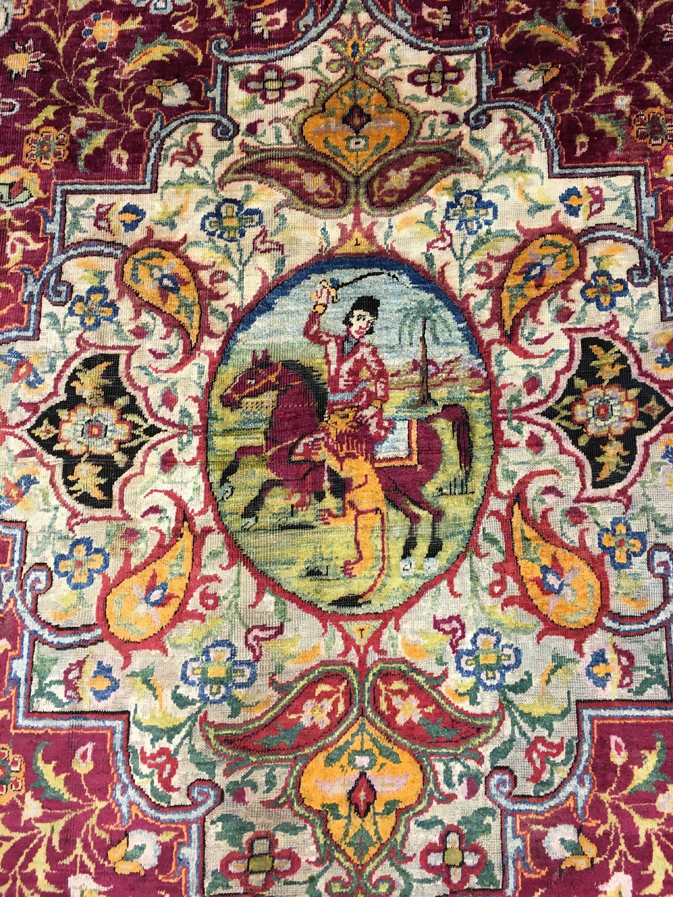 Detail e: Sehr seltener feiner Yazd "Seidenteppich" antik (Haftrang Multicolor Fransen), Südpersien, 19.Jhd., reine Naturseide mit farbiger ...