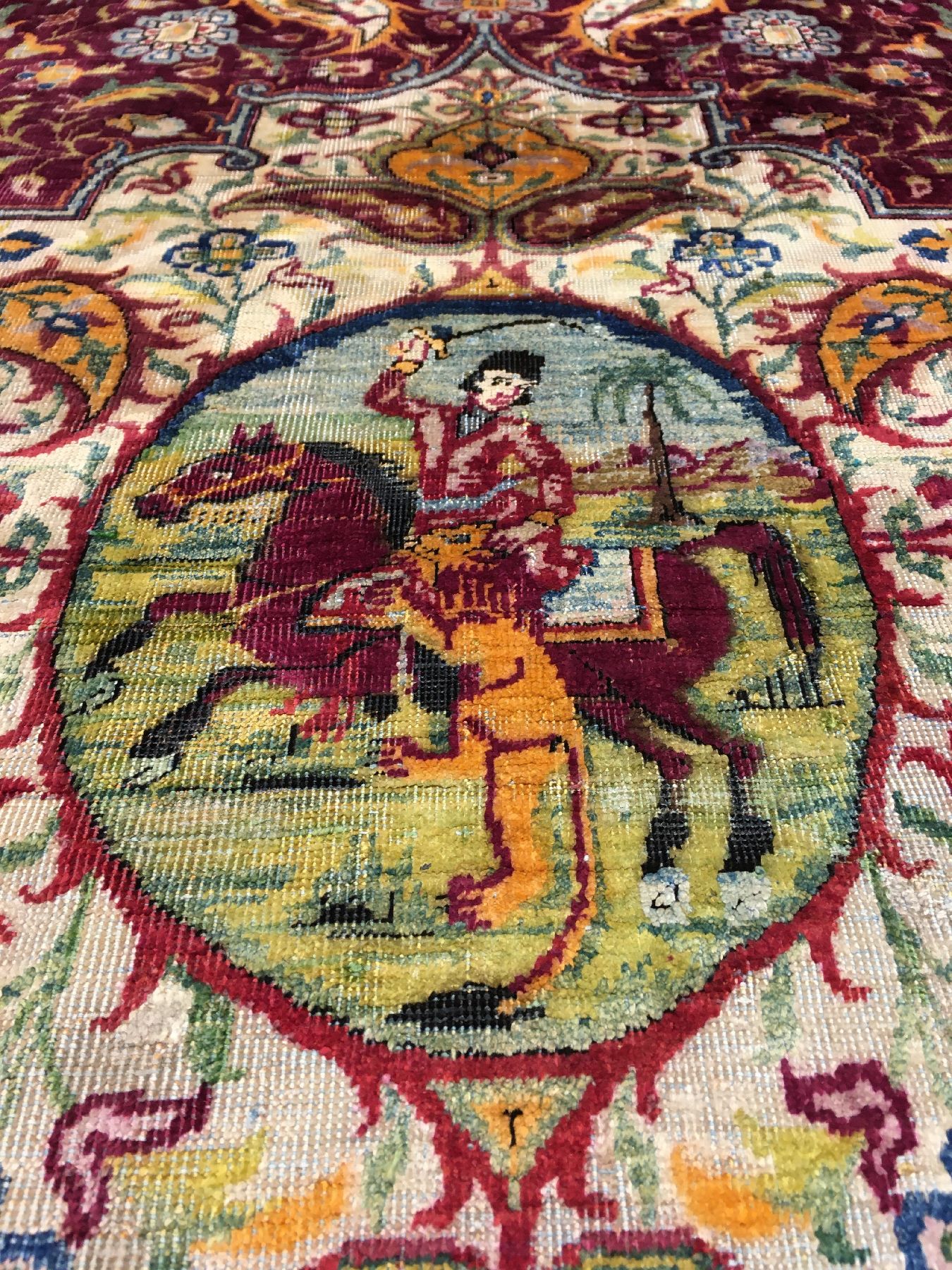 Detail f: Sehr seltener feiner Yazd "Seidenteppich" antik (Haftrang Multicolor Fransen), Südpersien, 19.Jhd., reine Naturseide mit farbiger ...