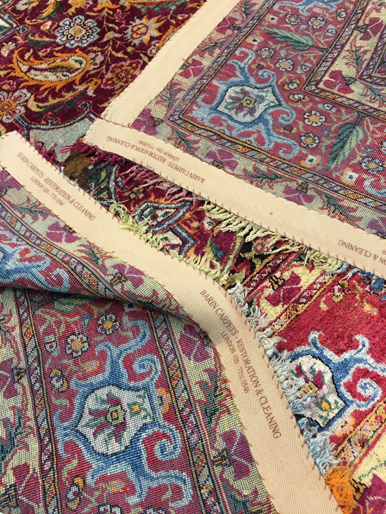 Detail h: Sehr seltener feiner Yazd "Seidenteppich" antik (Haftrang Multicolor Fransen), Südpersien, 19.Jhd., reine Naturseide mit farbiger ...