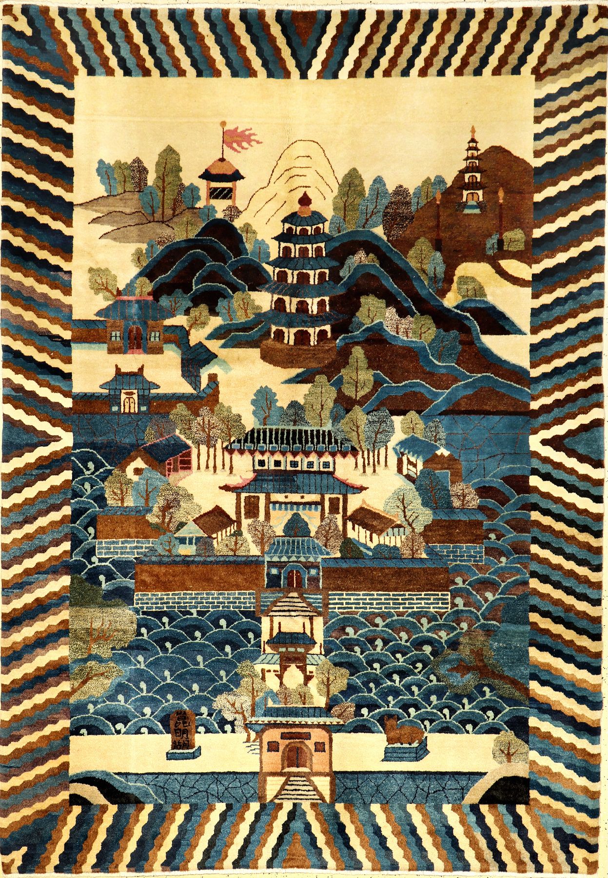 Feiner Peking "Bildteppich" alt (Kunming See), Nordostchina, um 1920/1930, Korkwolle geknüpft auf Baumwolle. Der Kunming-See befindet ...