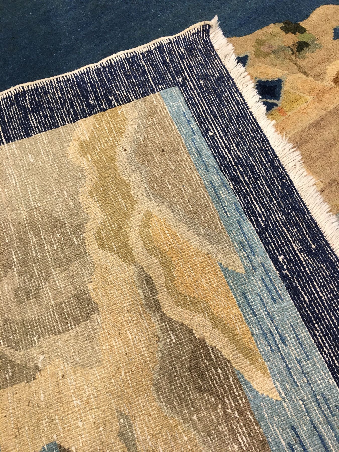 Detail f: Peking "Bildteppich" alt (Chinesische See-Landschaft), Nordostchina, um 1930, Korkwolle geknüpft auf Baumwolle. Dekorativer Bildteppich ...