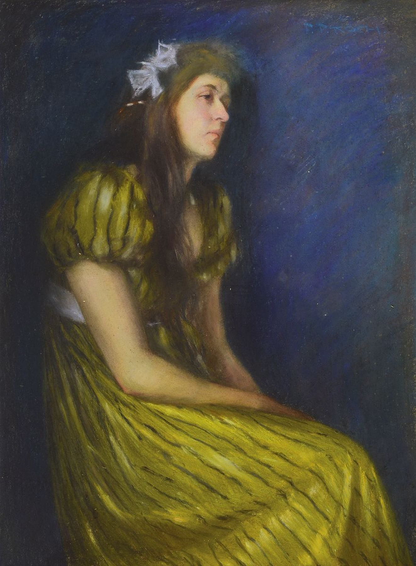 Friedrich Ferdinand Koch, 1863 Landau- 1923, Dreiviertelstück, Pastell auf Pappe, besinnlicher Ausdruck einer jungen Dame im Biedermeierkleid, ...