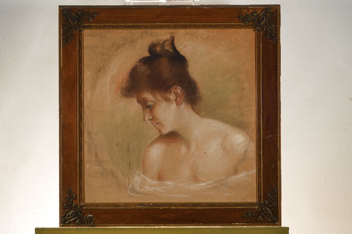 Detail k: Friedrich Ferdinand Koch, 1863 Landau- 1923, Kopf-Studie, um 1900, Darstellung der Frau des Künstlers in stiltypischer Manier um 1900, feiner ...