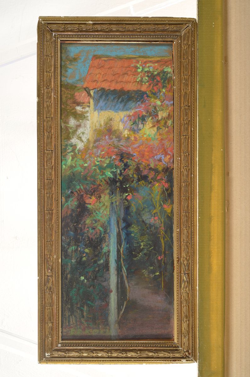 Detail k: Friedrich Ferdinand Koch, 1863 Landau- 1923, Gehöft bei Landau, Pastell auf Pappe, virtuose Malerei in den Grün/Grau und Rottönen um 1914, links ...