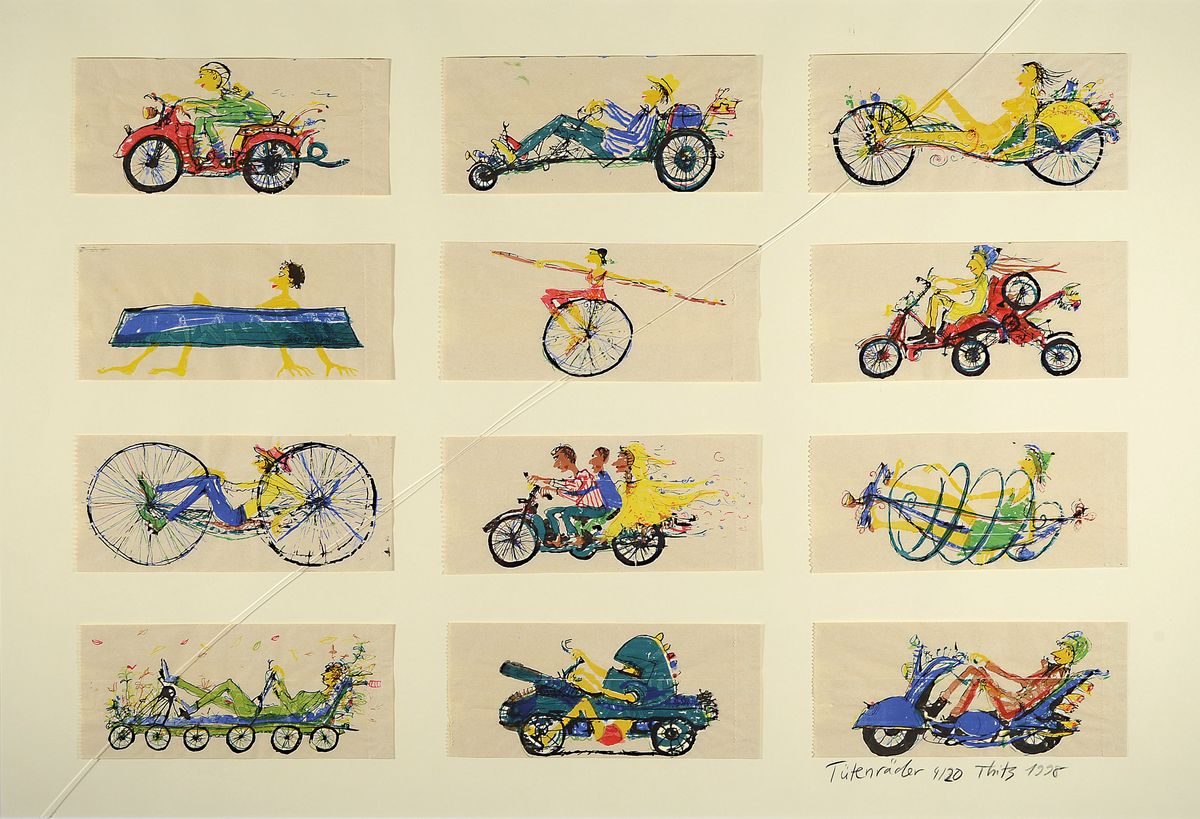 Thitz, geb. 1962 Frankfurt am Main, Tütenräder, 12 bemalte Tüten mit Fahrzeugen, Aquarelle, betitelt und signiert, ca. 98 x 64 cm, Glas Mit Sprung ...