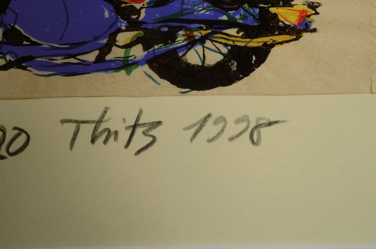 Detail a: Thitz, geb. 1962 Frankfurt am Main, Tütenräder, 12 bemalte Tüten mit Fahrzeugen, Aquarelle, betitelt und signiert, ca. 98 x 64 cm, Glas Mit Sprung ...