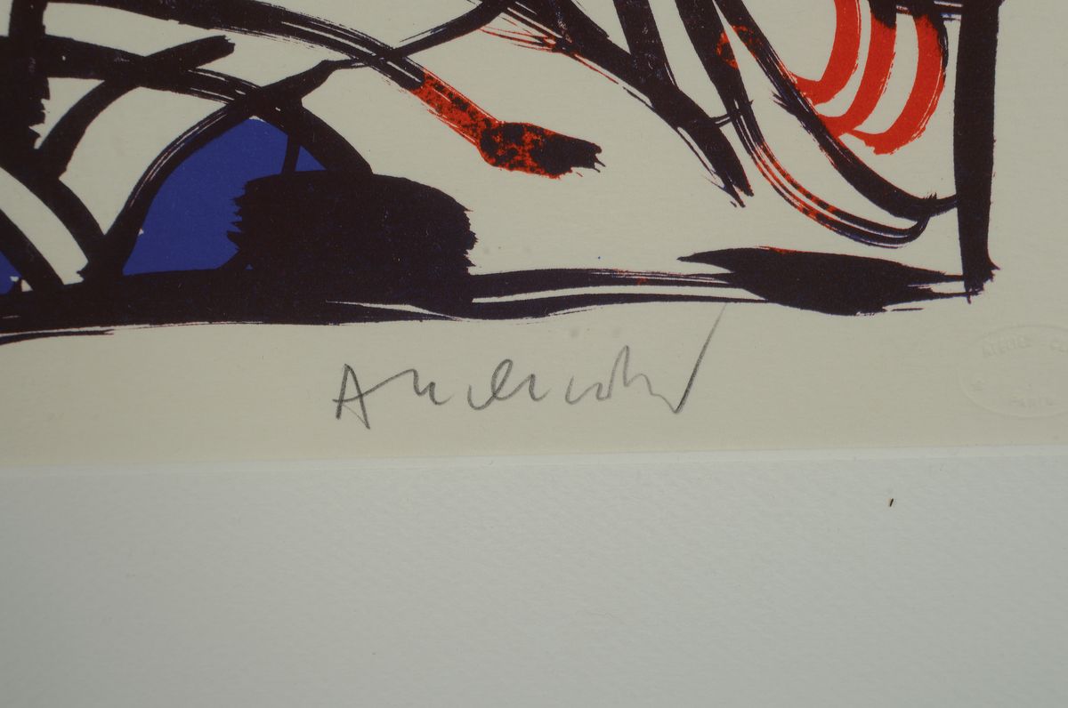 Detail a: Pierre Alechinsky, geb. 1927, Graphik,sign., num. 40/90, unter Glas gerahmt,gesamt ca. 92x71 cm