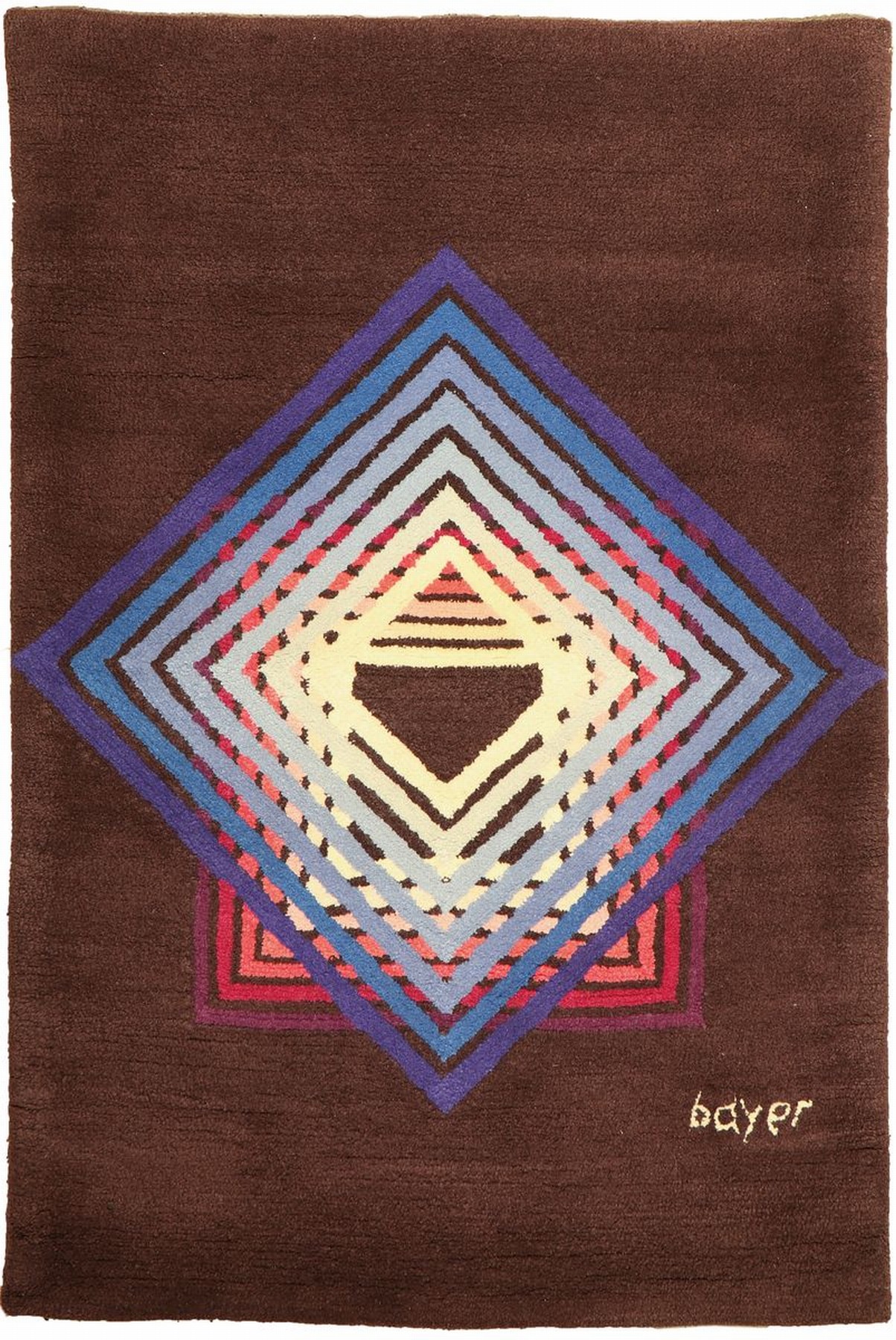 Herbert Bayer, Künstlerteppich, Ewald Kröner Künstlerteppiche GmbH, Langenfeld, bläuliche und rosefarbene Quadrate auf braunem Grund, signiert, ...