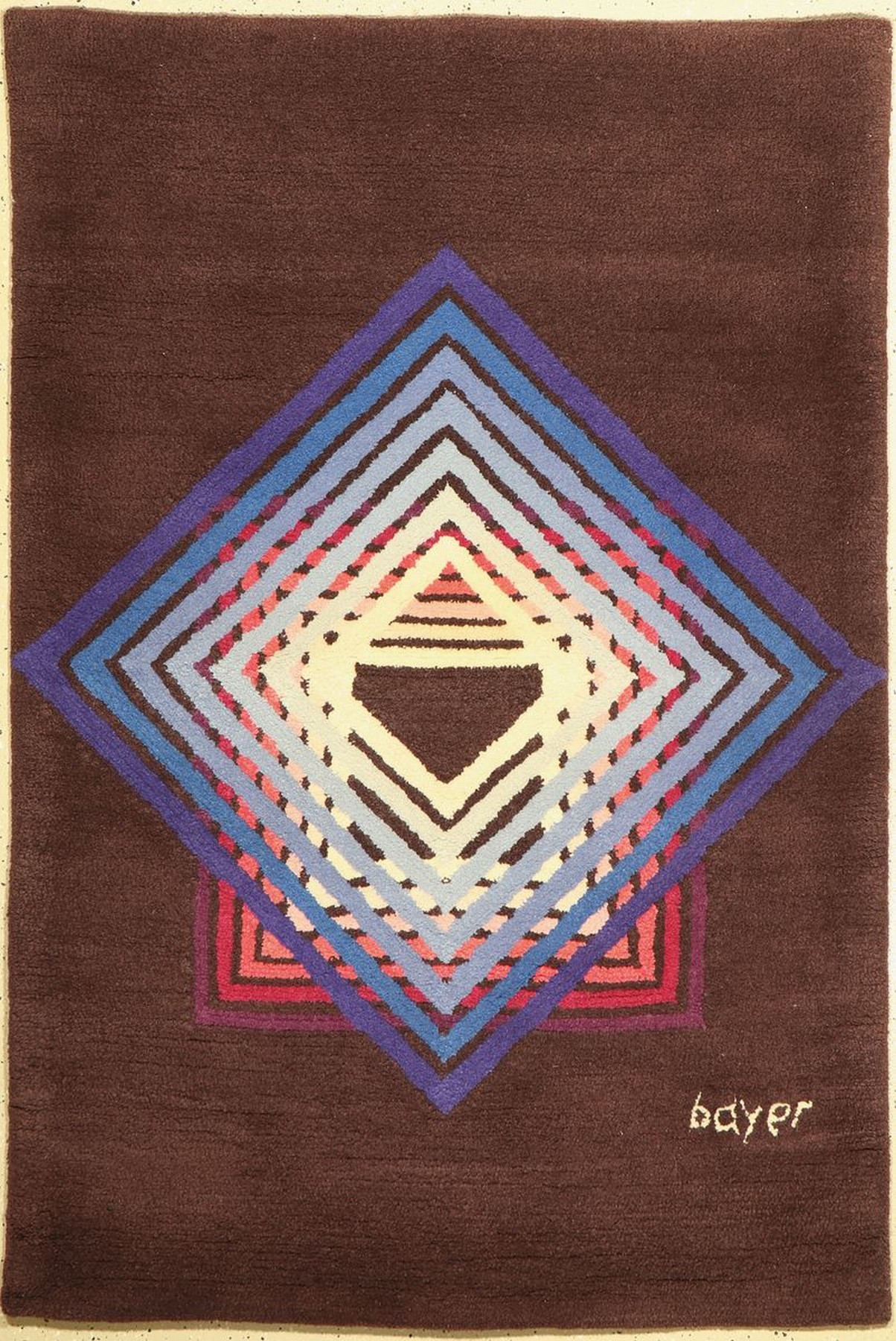 Detail k: Herbert Bayer, Künstlerteppich, Ewald Kröner Künstlerteppiche GmbH, Langenfeld, bläuliche und rosefarbene Quadrate auf braunem Grund, signiert, ...