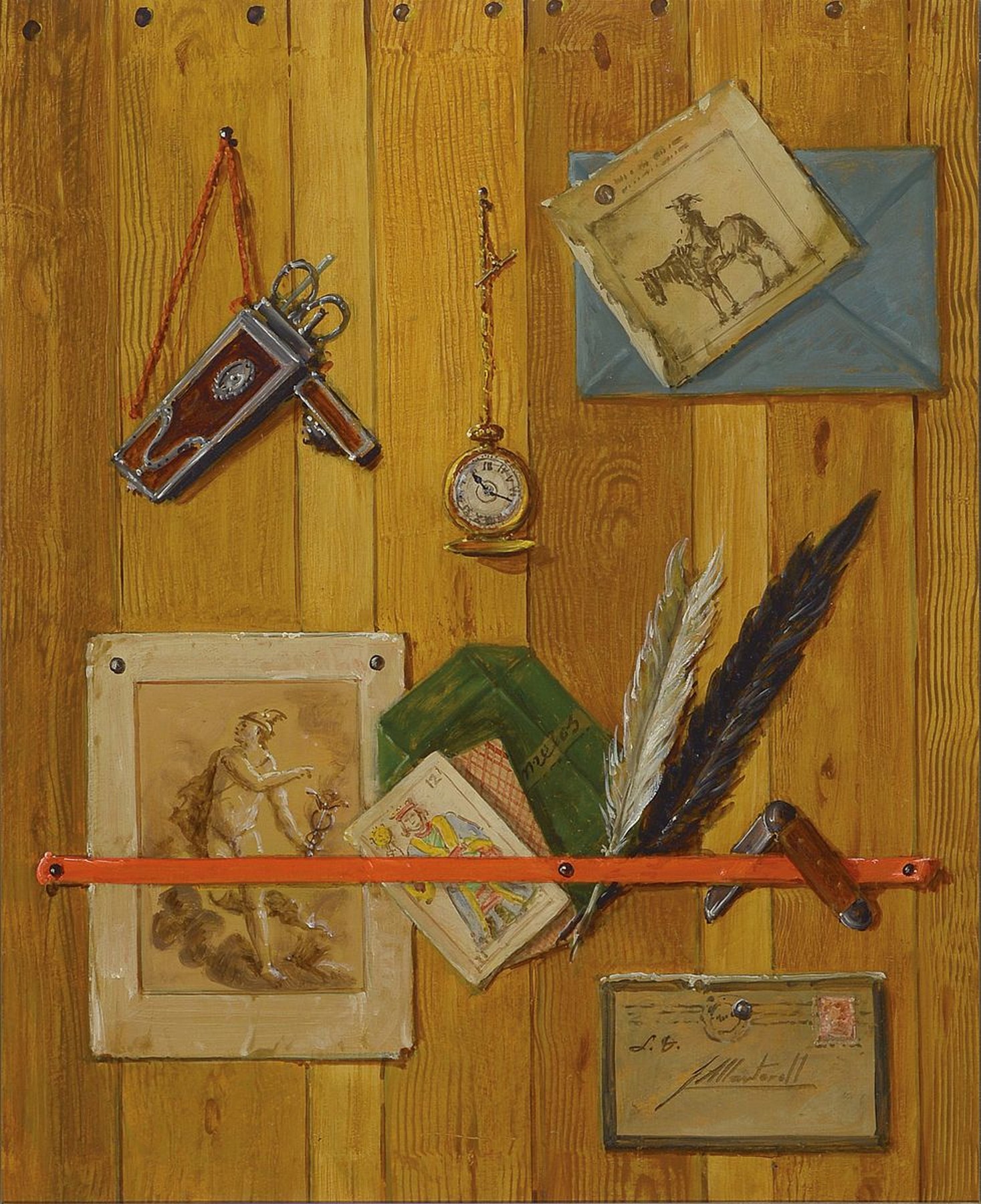 J. Martorell, wohl spanischer Künstler, Mitte 20. Jh., Trompe-Loeil, im Stil der illusionistischen Malerei des 17.Jhs., Bretterwand mit Taschenuhr, ...