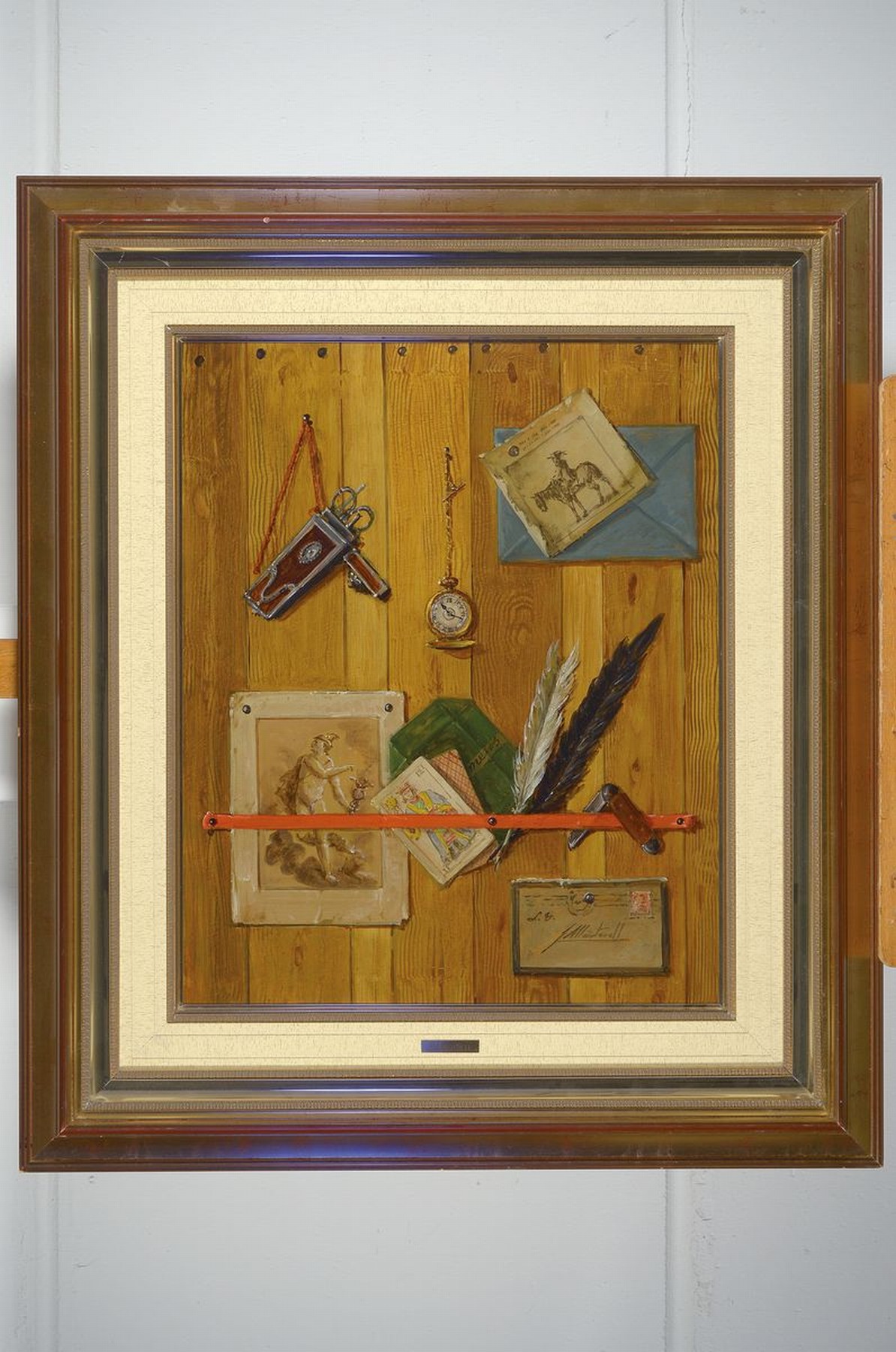 Detail k: J. Martorell, wohl spanischer Künstler, Mitte 20. Jh., Trompe-Loeil, im Stil der illusionistischen Malerei des 17.Jhs., Bretterwand mit Taschenuhr, ...