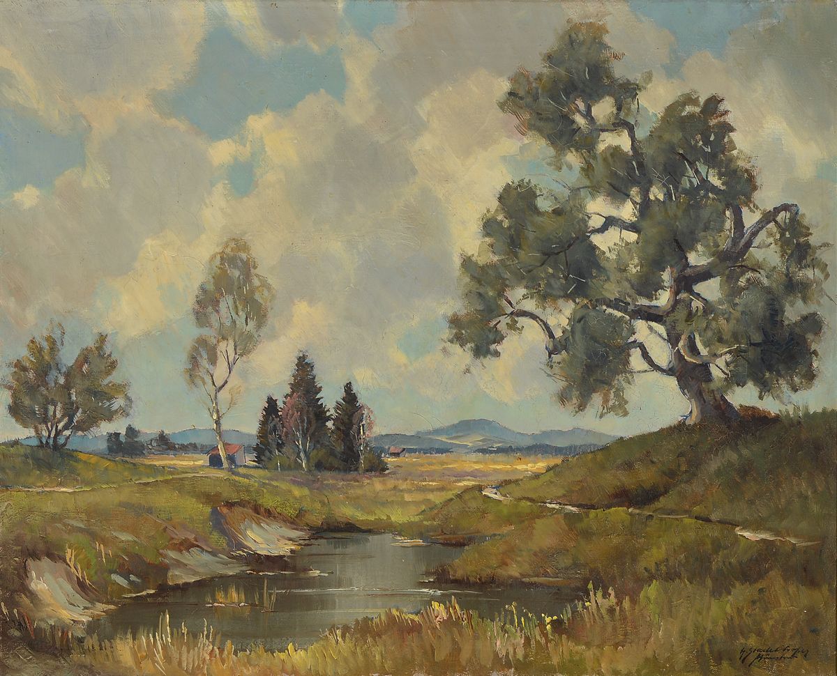 Helmut Stadelhofer, 1914 Konstanz - 1979 München, Landschaftsdarstellung Voralpenlandschaft, Moorlandschaft, signiert, ca. 65 x 80 cm, Altersspuren