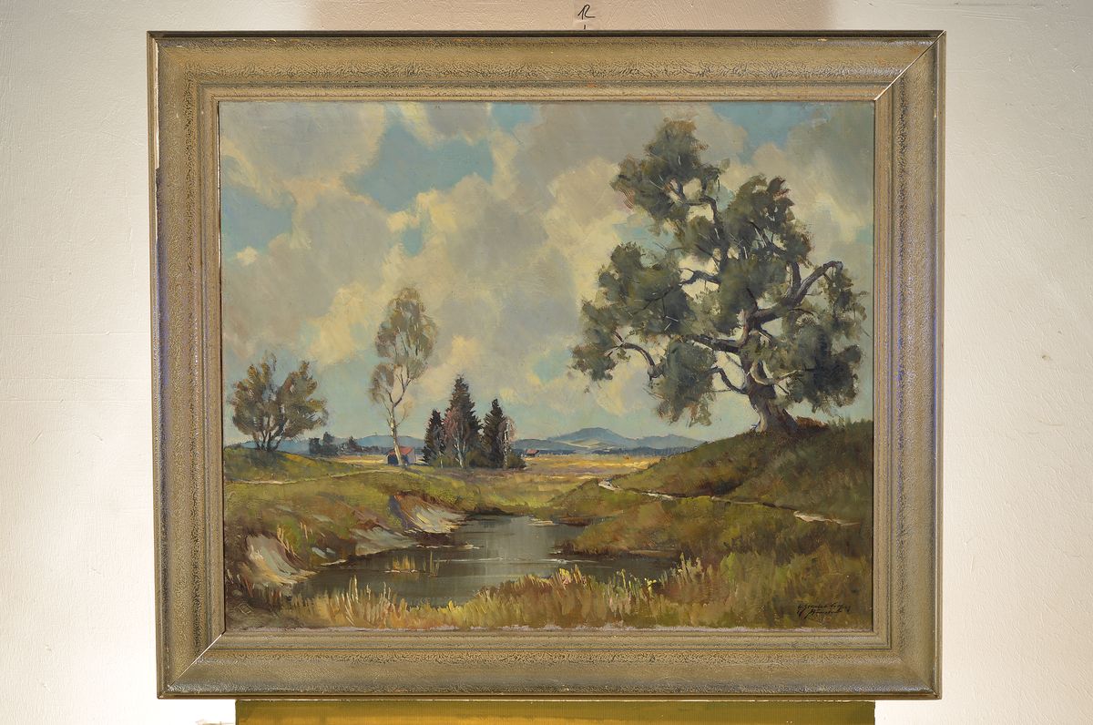 Detail k: Helmut Stadelhofer, 1914 Konstanz - 1979 München, Landschaftsdarstellung Voralpenlandschaft, Moorlandschaft, signiert, ca. 65 x 80 cm, Altersspuren