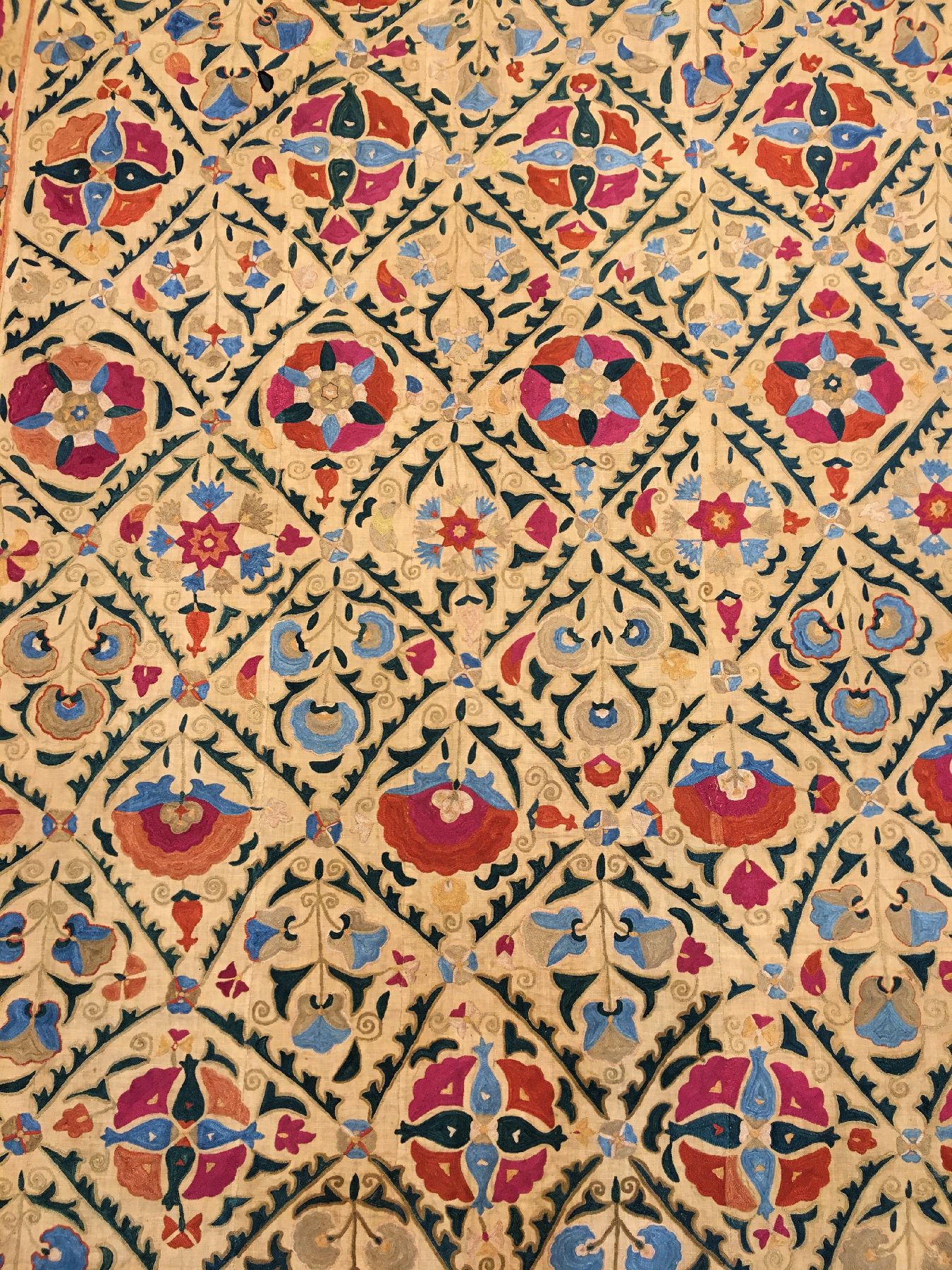 Detail c: Feine Bochara "Susani" antik, Uzbekistan, 19.Jhd., Seidenstickerei auf Baumwollgewebe. Feine Seidenstickerei aus Bochara mit Blüten ...