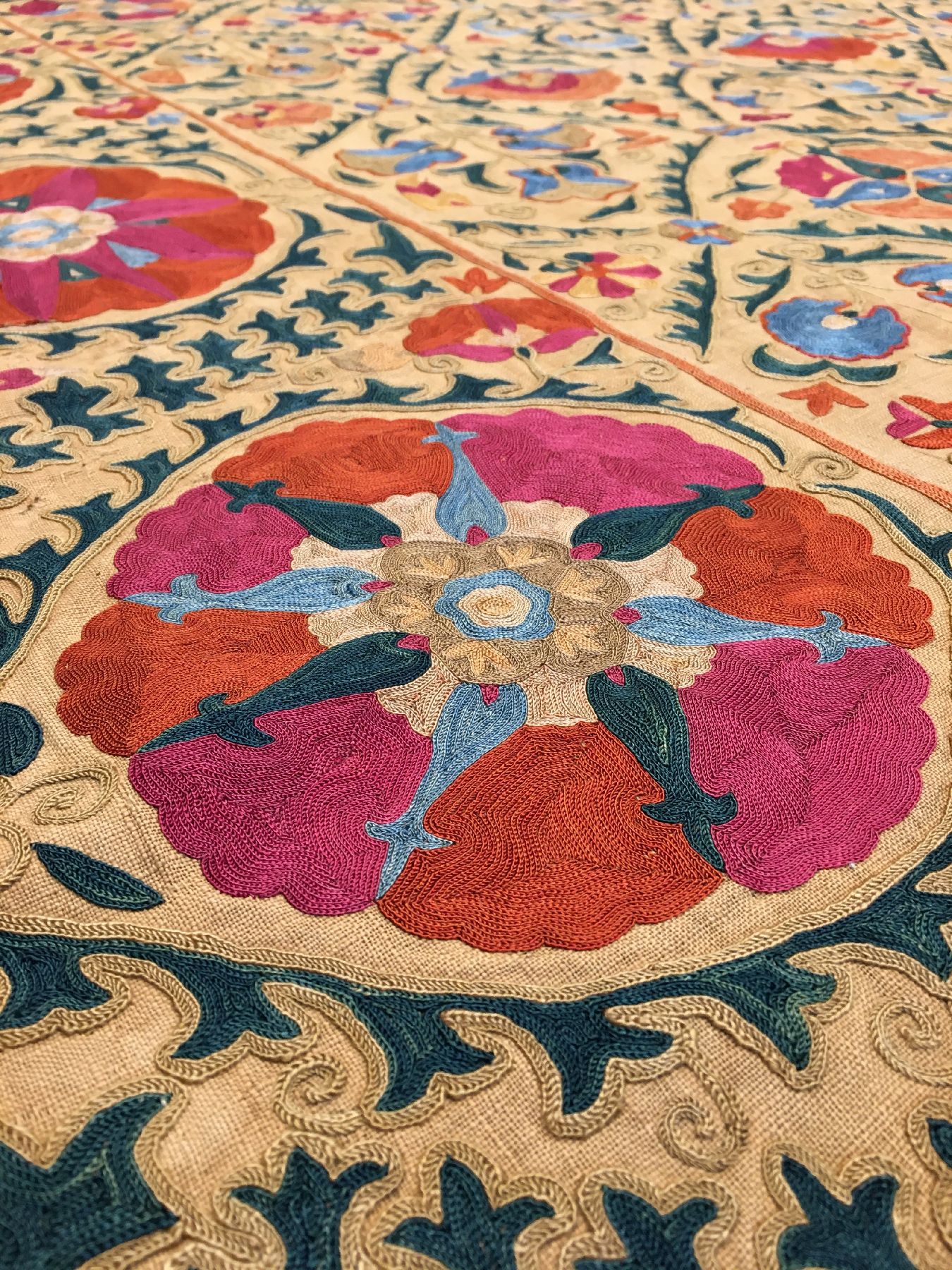 Detail d: Feine Bochara "Susani" antik, Uzbekistan, 19.Jhd., Seidenstickerei auf Baumwollgewebe. Feine Seidenstickerei aus Bochara mit Blüten ...