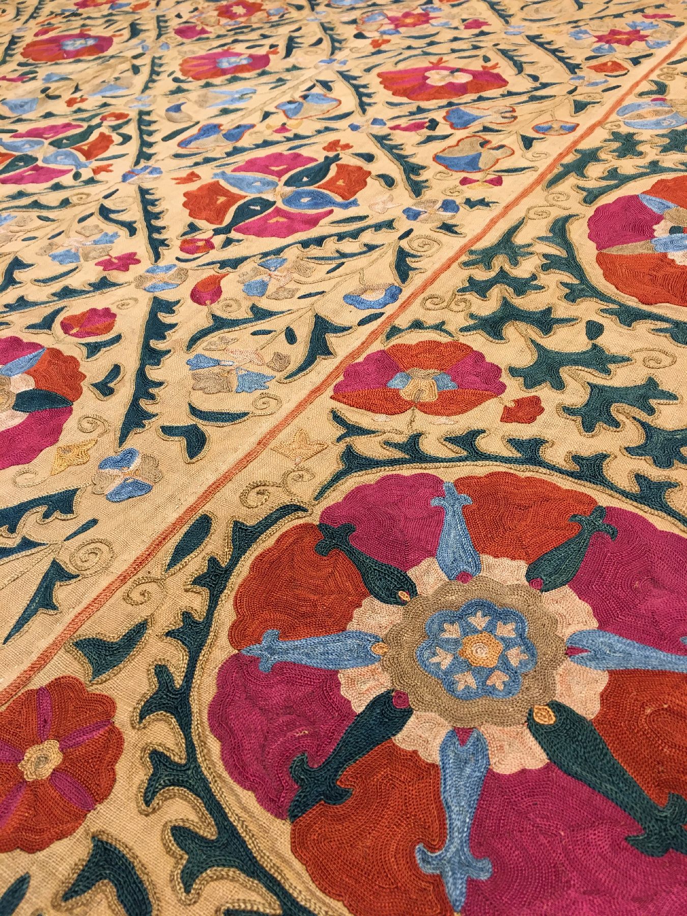 Detail f: Feine Bochara "Susani" antik, Uzbekistan, 19.Jhd., Seidenstickerei auf Baumwollgewebe. Feine Seidenstickerei aus Bochara mit Blüten ...