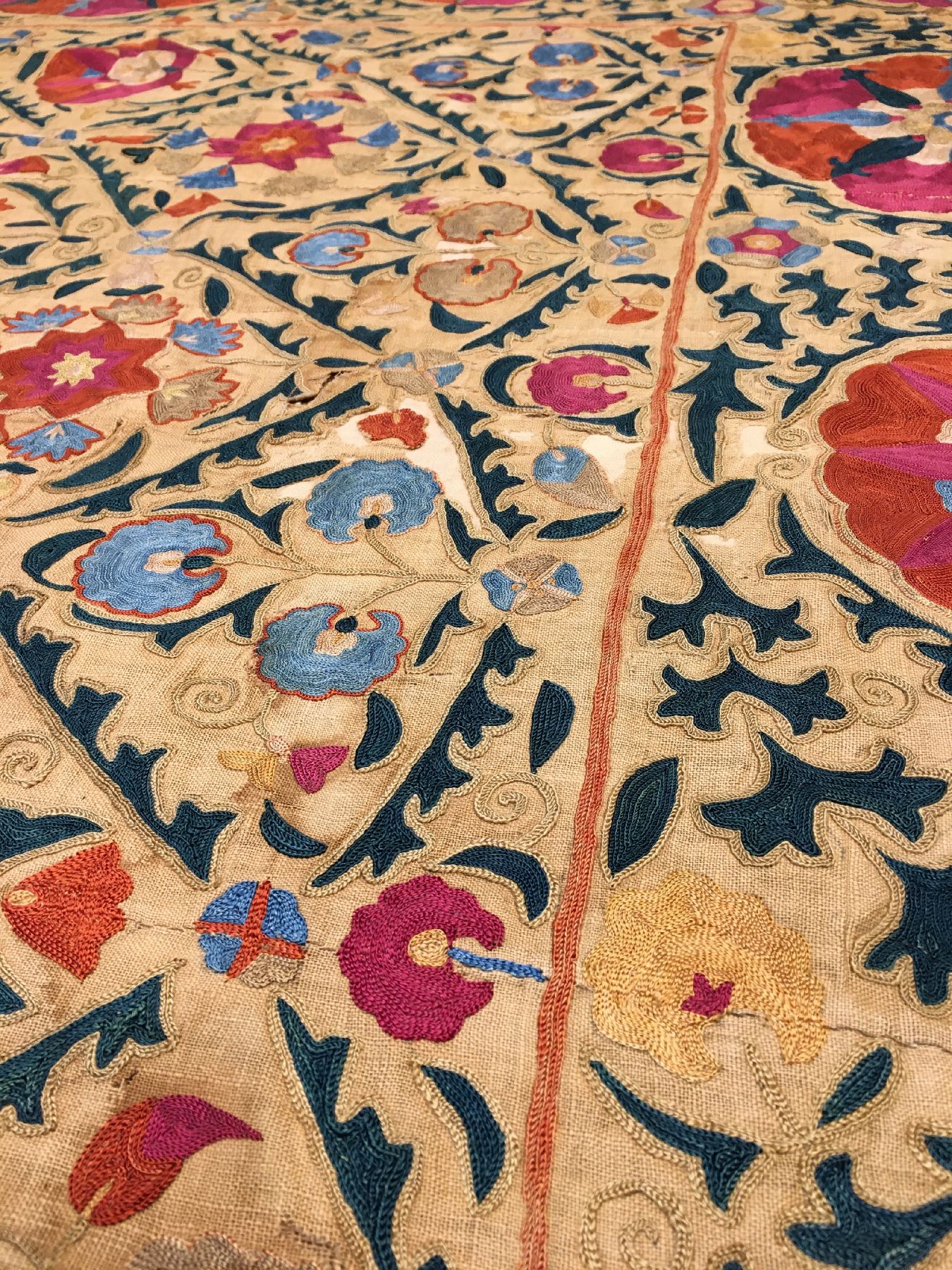Detail g: Feine Bochara "Susani" antik, Uzbekistan, 19.Jhd., Seidenstickerei auf Baumwollgewebe. Feine Seidenstickerei aus Bochara mit Blüten ...