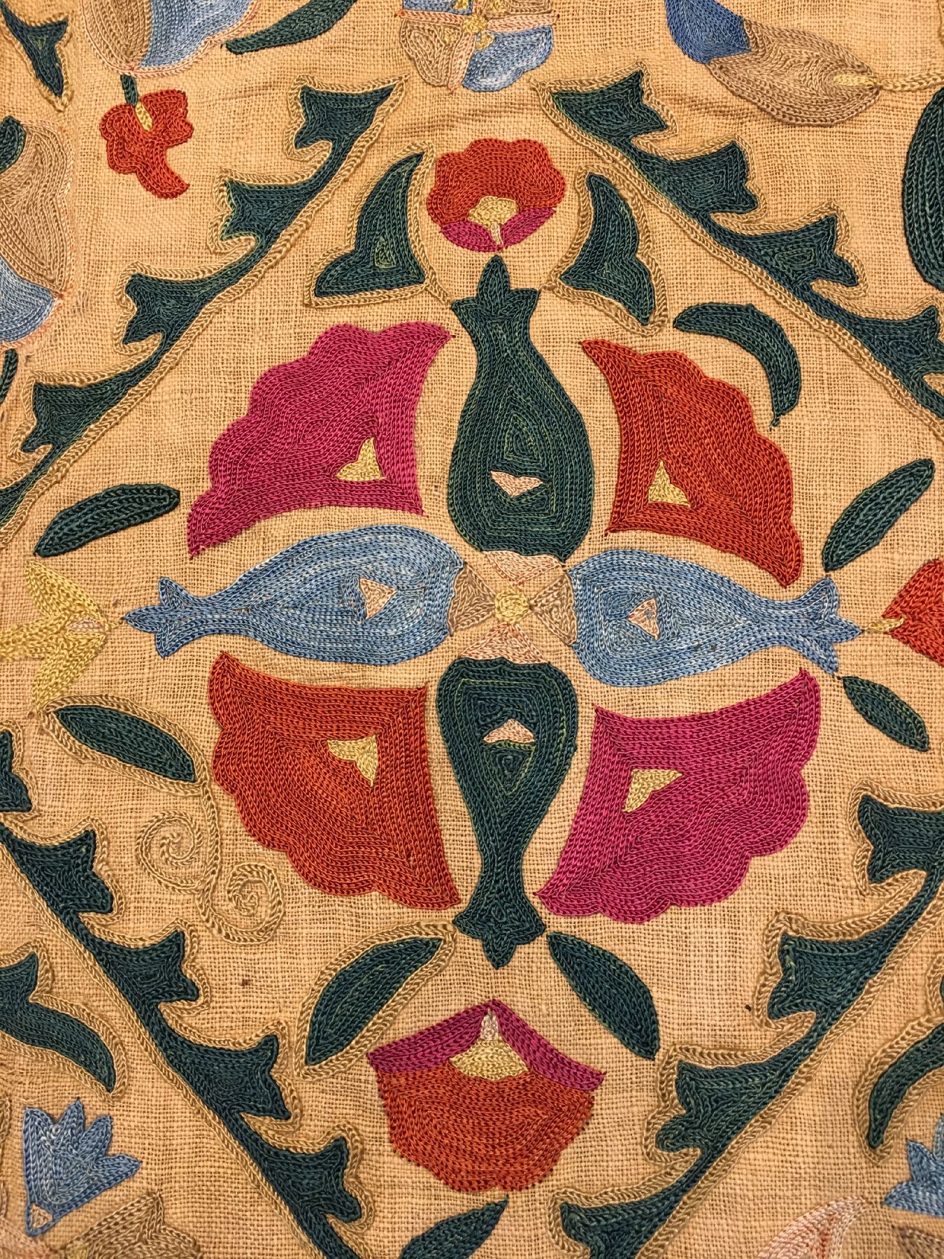 Detail h: Feine Bochara "Susani" antik, Uzbekistan, 19.Jhd., Seidenstickerei auf Baumwollgewebe. Feine Seidenstickerei aus Bochara mit Blüten ...