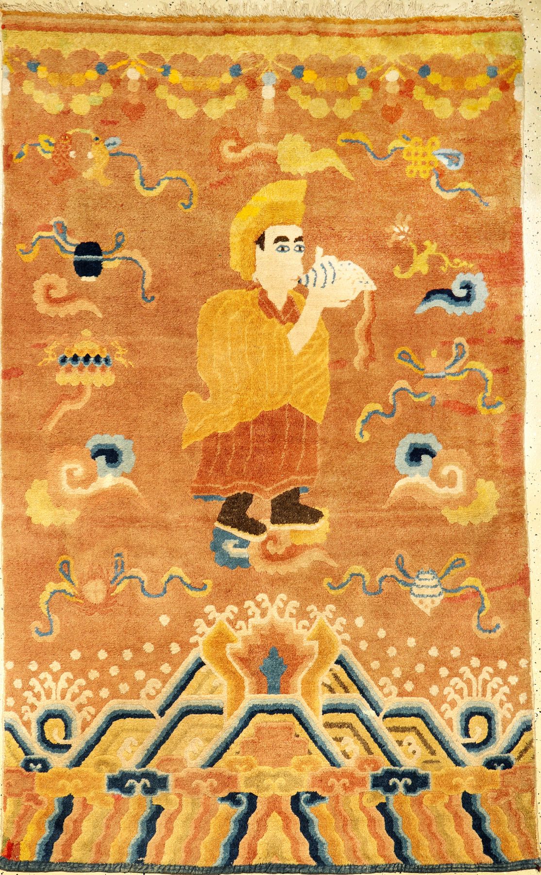 Seltener Ning-Hsia "Tempelteppich" antik (Lama Aufruf zum Gebet), Westchina, 1.Hälfte 19.Jhd., Wolle geknüpft auf Baumwolle. Rarer ...