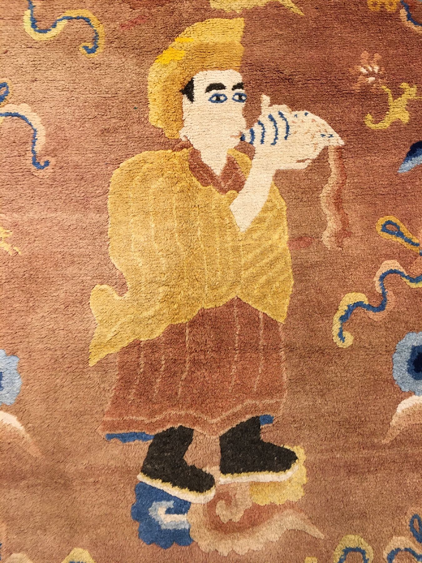 Detail c: Seltener Ning-Hsia "Tempelteppich" antik (Lama Aufruf zum Gebet), Westchina, 1.Hälfte 19.Jhd., Wolle geknüpft auf Baumwolle. Rarer ...