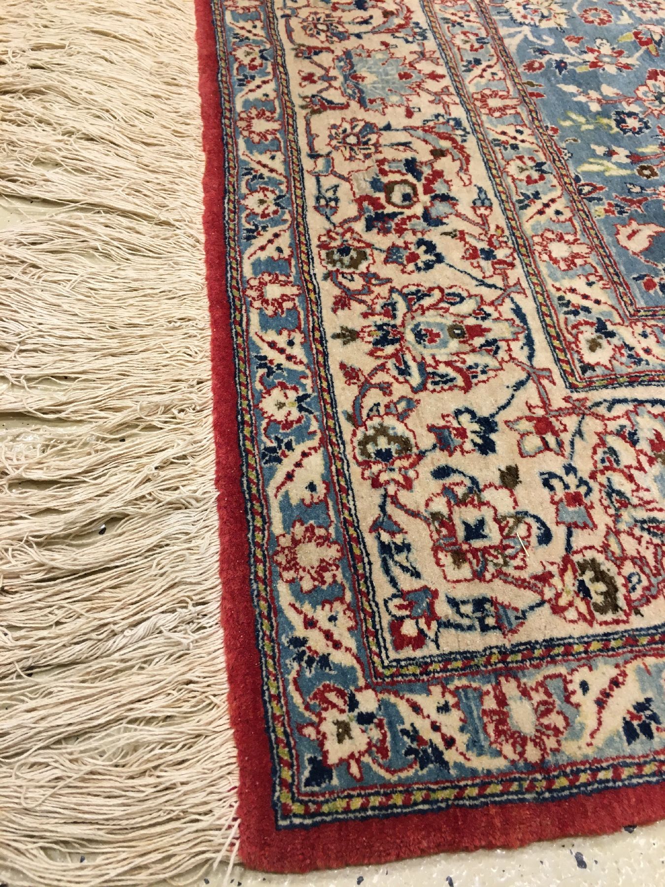 Detail g: Feiner Nain "Tudeschk" alt, Zentralpersien, um 1940, Korkwolle geknüpft auf Baumwolle. Fein geknüpfter himmelblauer Nain aus der ...