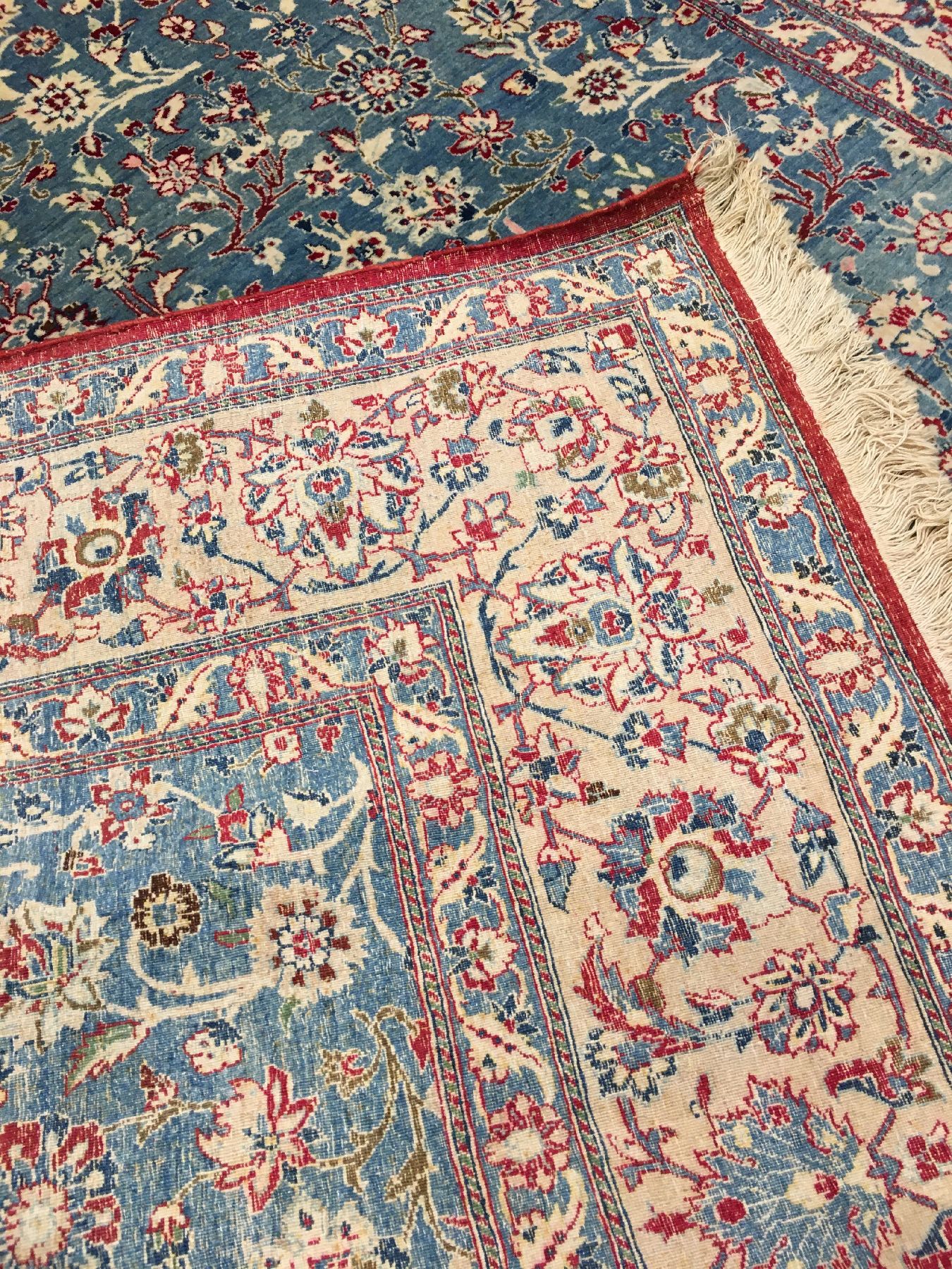 Detail h: Feiner Nain "Tudeschk" alt, Zentralpersien, um 1940, Korkwolle geknüpft auf Baumwolle. Fein geknüpfter himmelblauer Nain aus der ...