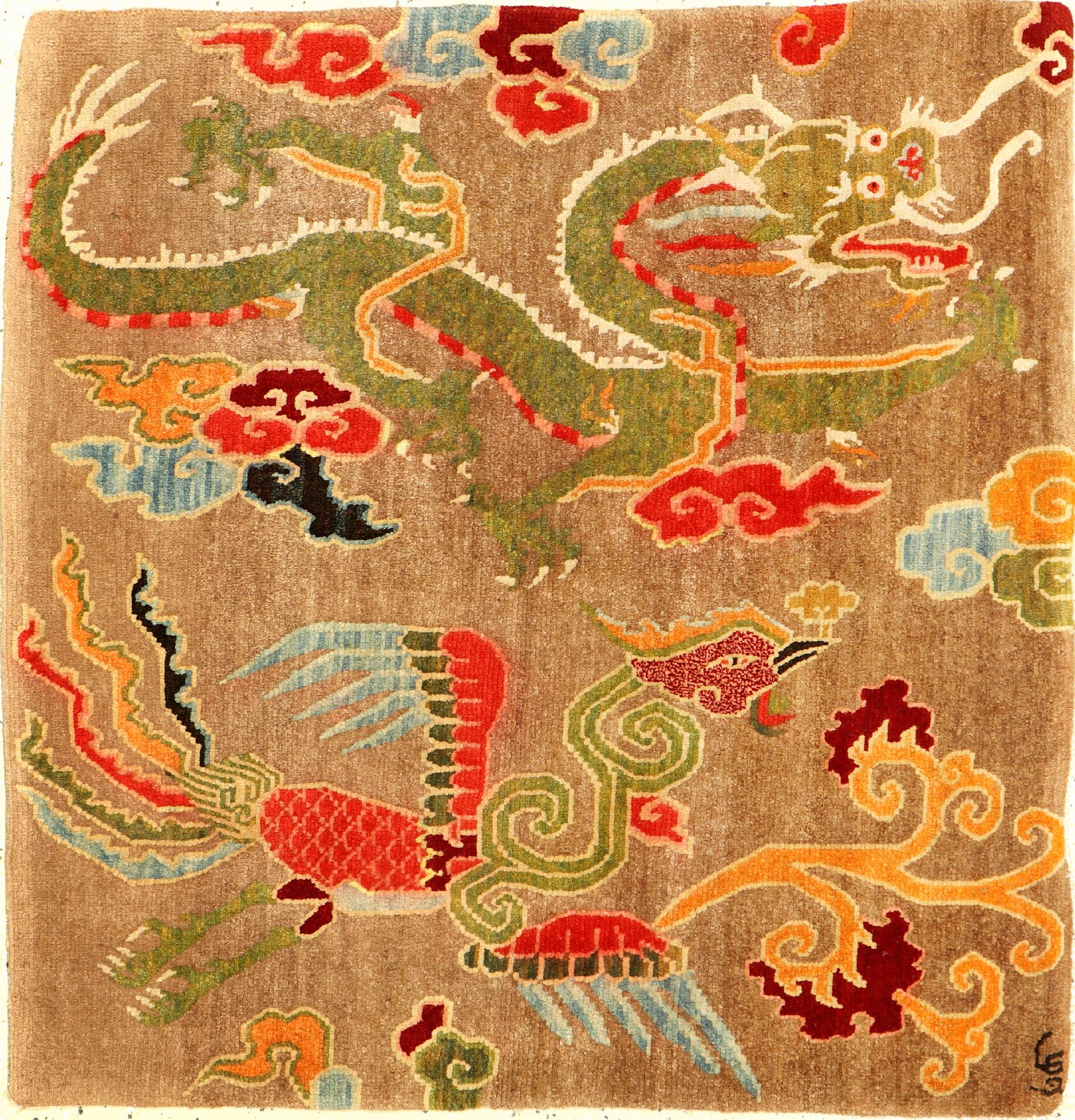 Schigatse "Jabuye" alt (Drache & Phönyx) "Signiert", Südtibet, um 1920, Wolle geknüpft auf Wolle. Seltene Jabuye wohl ...