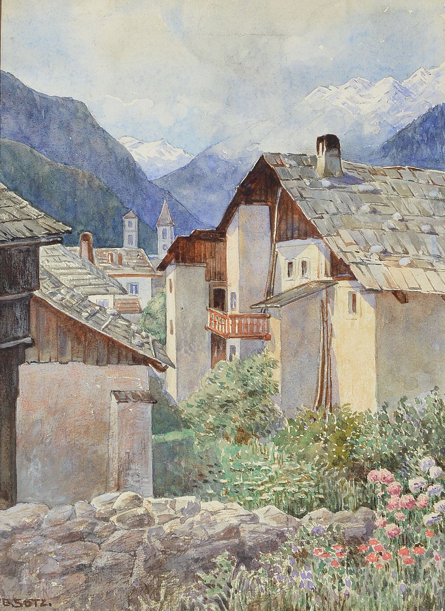 Ignaz Sotz, 1878 - 1970, Aquarell, Gebirgsdorf in Alpenlandschaft, auf Papier, li. unten signiert, ca. 32 x 23 cm, unter Glas, Rahmen: ca. 45 x 38 ...
