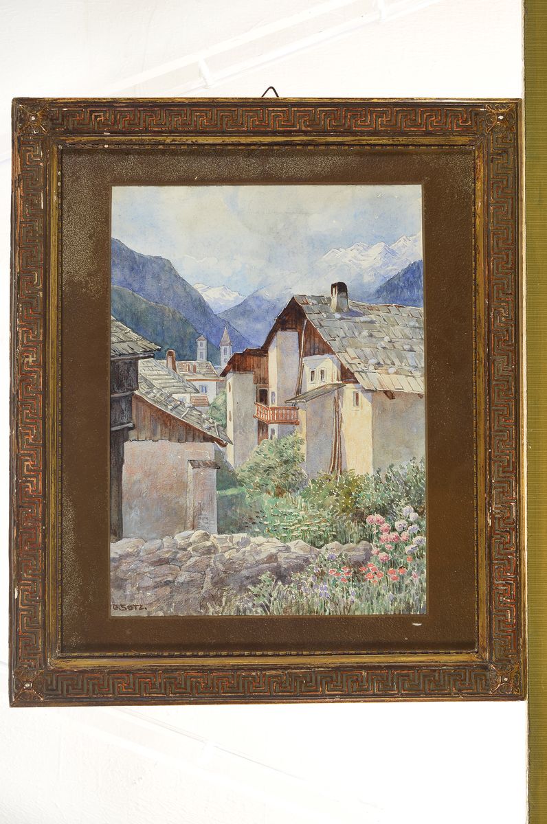 Detail k: Ignaz Sotz, 1878 - 1970, Aquarell, Gebirgsdorf in Alpenlandschaft, auf Papier, li. unten signiert, ca. 32 x 23 cm, unter Glas, Rahmen: ca. 45 x 38 ...