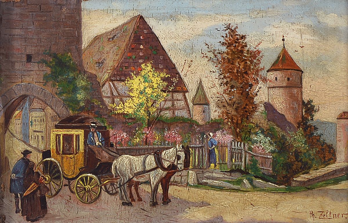 Philipp Zeltner 1865 - 1965 Mainz, Rast der Postkutsche, Öl/Holz, Miniaturmalerei, li. u. signiert, l. Altersspuren, ca. 9 x 14 cm, Prunkrahmen ca. ...