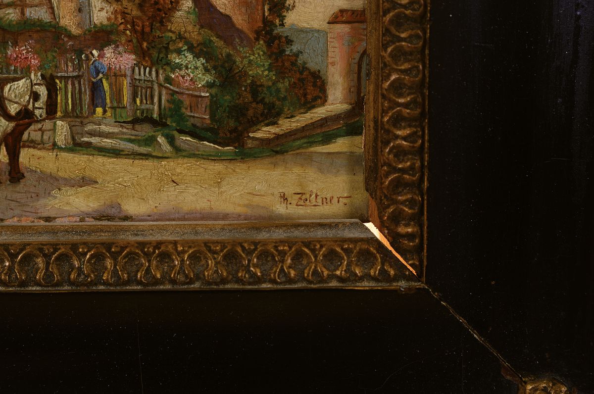 Detail a: Philipp Zeltner 1865 - 1965 Mainz, Rast der Postkutsche, Öl/Holz, Miniaturmalerei, li. u. signiert, l. Altersspuren, ca. 9 x 14 cm, Prunkrahmen ca. ...