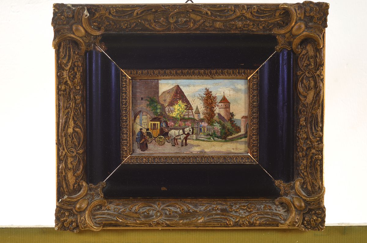 Detail k: Philipp Zeltner 1865 - 1965 Mainz, Rast der Postkutsche, Öl/Holz, Miniaturmalerei, li. u. signiert, l. Altersspuren, ca. 9 x 14 cm, Prunkrahmen ca. ...