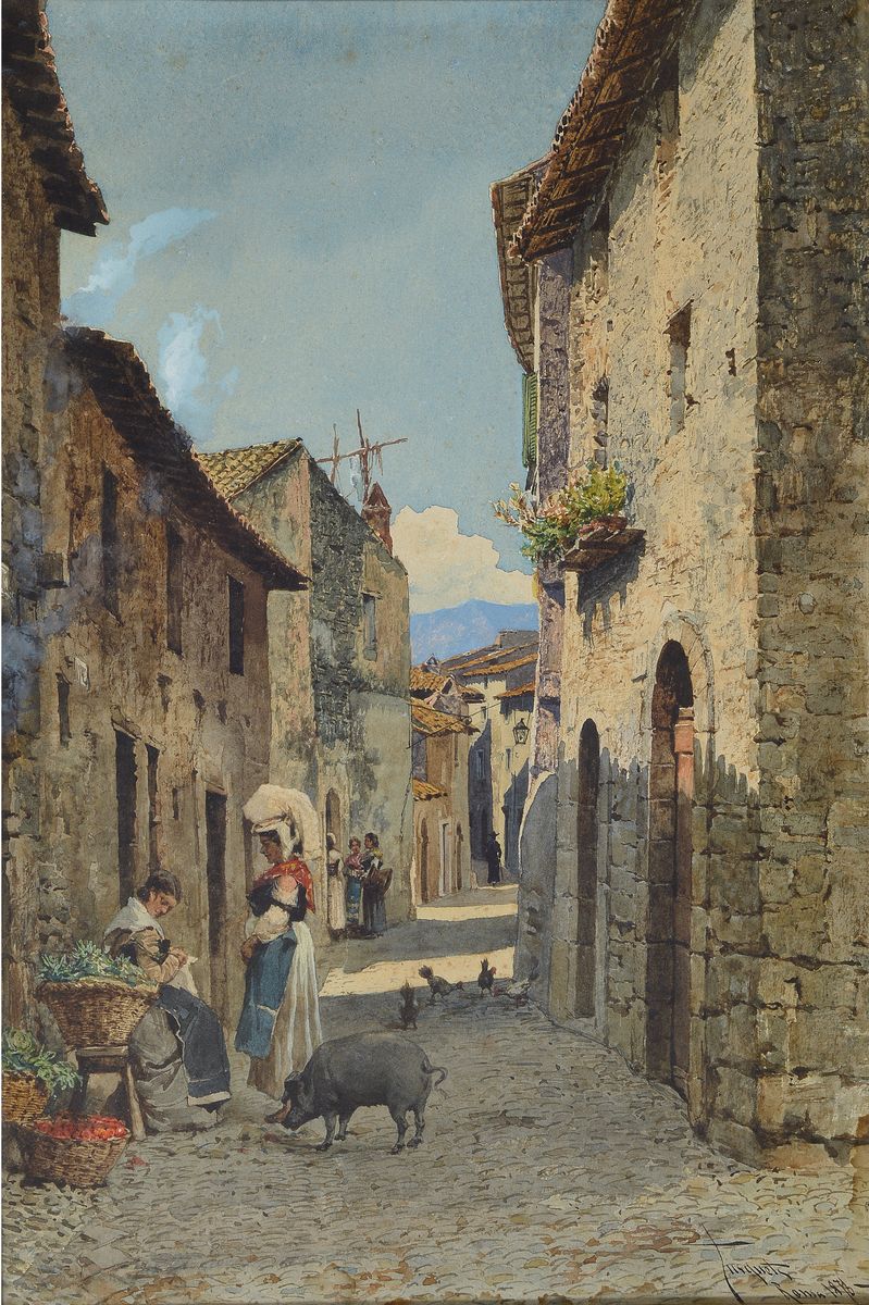 Ramon Tusquets Y Maignon, 1837 Barcelona - 1904 Rom, römische Gassenansicht mit Frauen, Schweinen und Hühnern, Aquarell/ Gouache, re. unten ...