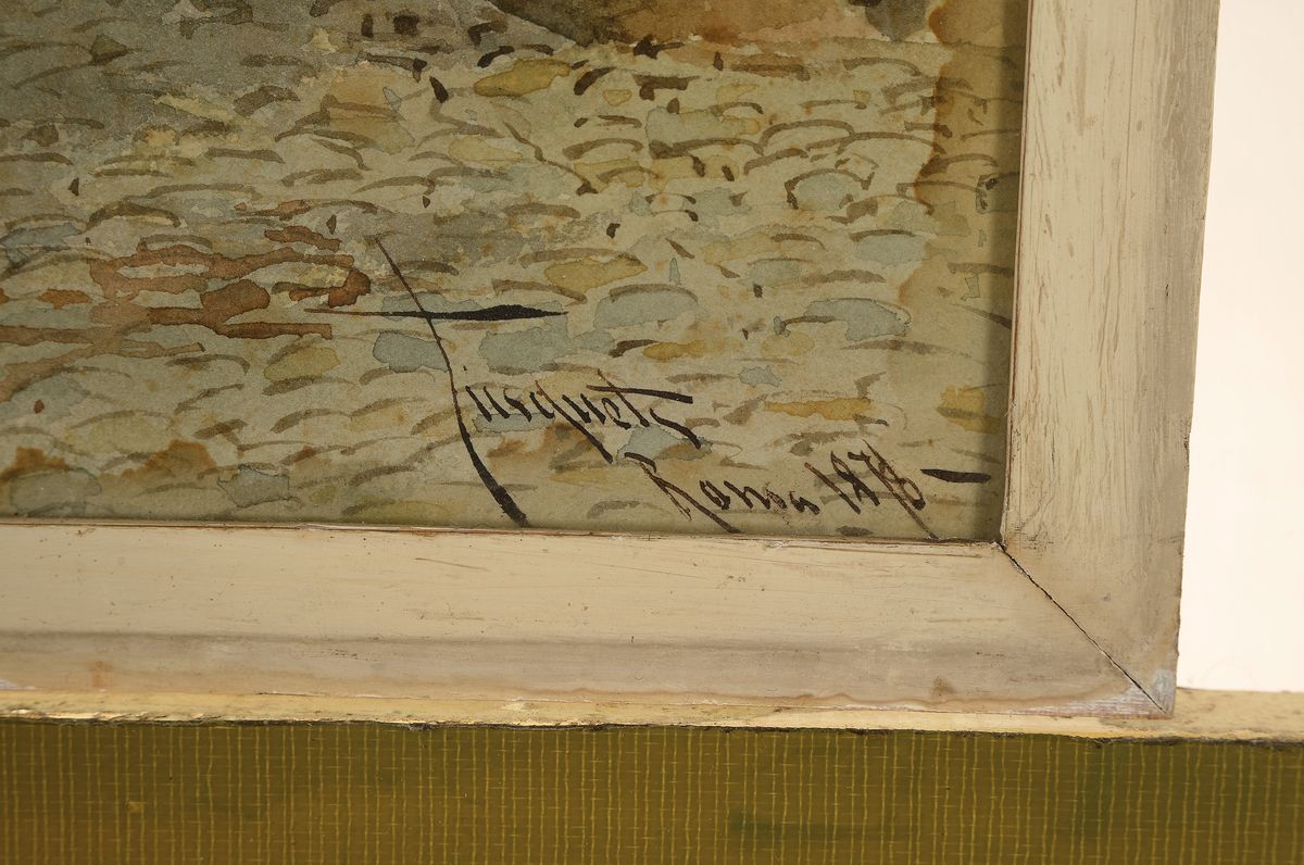 Detail a: Ramon Tusquets Y Maignon, 1837 Barcelona - 1904 Rom, römische Gassenansicht mit Frauen, Schweinen und Hühnern, Aquarell/ Gouache, re. unten ...