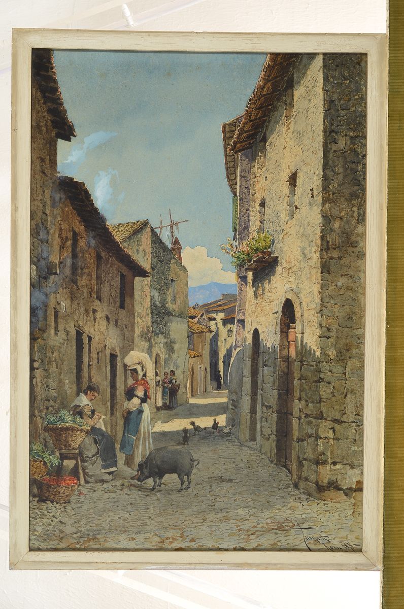 Detail k: Ramon Tusquets Y Maignon, 1837 Barcelona - 1904 Rom, römische Gassenansicht mit Frauen, Schweinen und Hühnern, Aquarell/ Gouache, re. unten ...