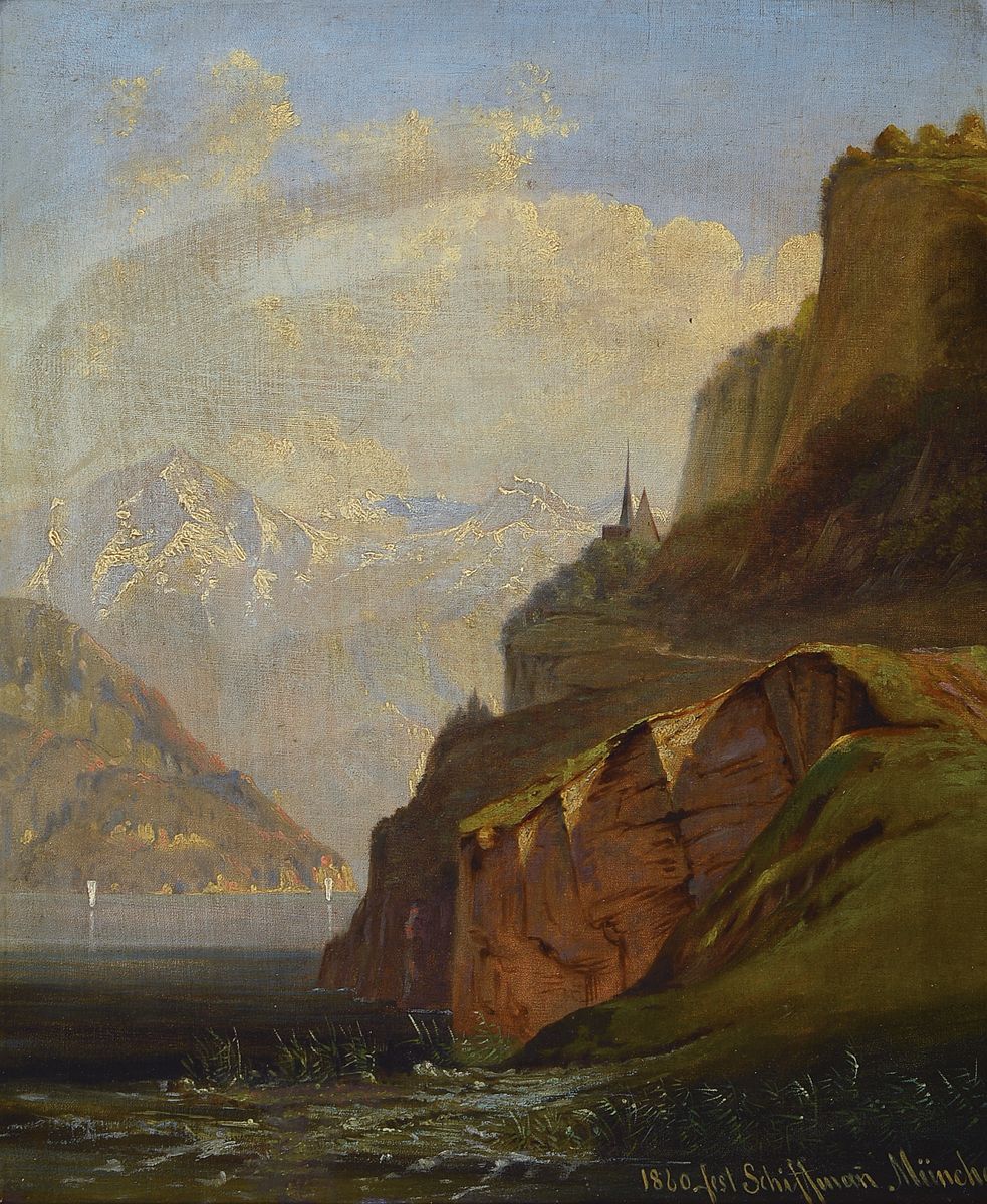 Jost Schiffmann, 1822 Luzern - 1883 München, Gebirgssee mit Blick auf die Alpen, re. unten dat. 1860, signiert Jost Schiffman München, gekonnte ...