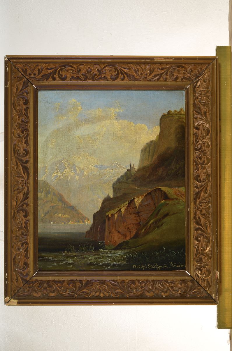 Detail k: Jost Schiffmann, 1822 Luzern - 1883 München, Gebirgssee mit Blick auf die Alpen, re. unten dat. 1860, signiert Jost Schiffman München, gekonnte ...