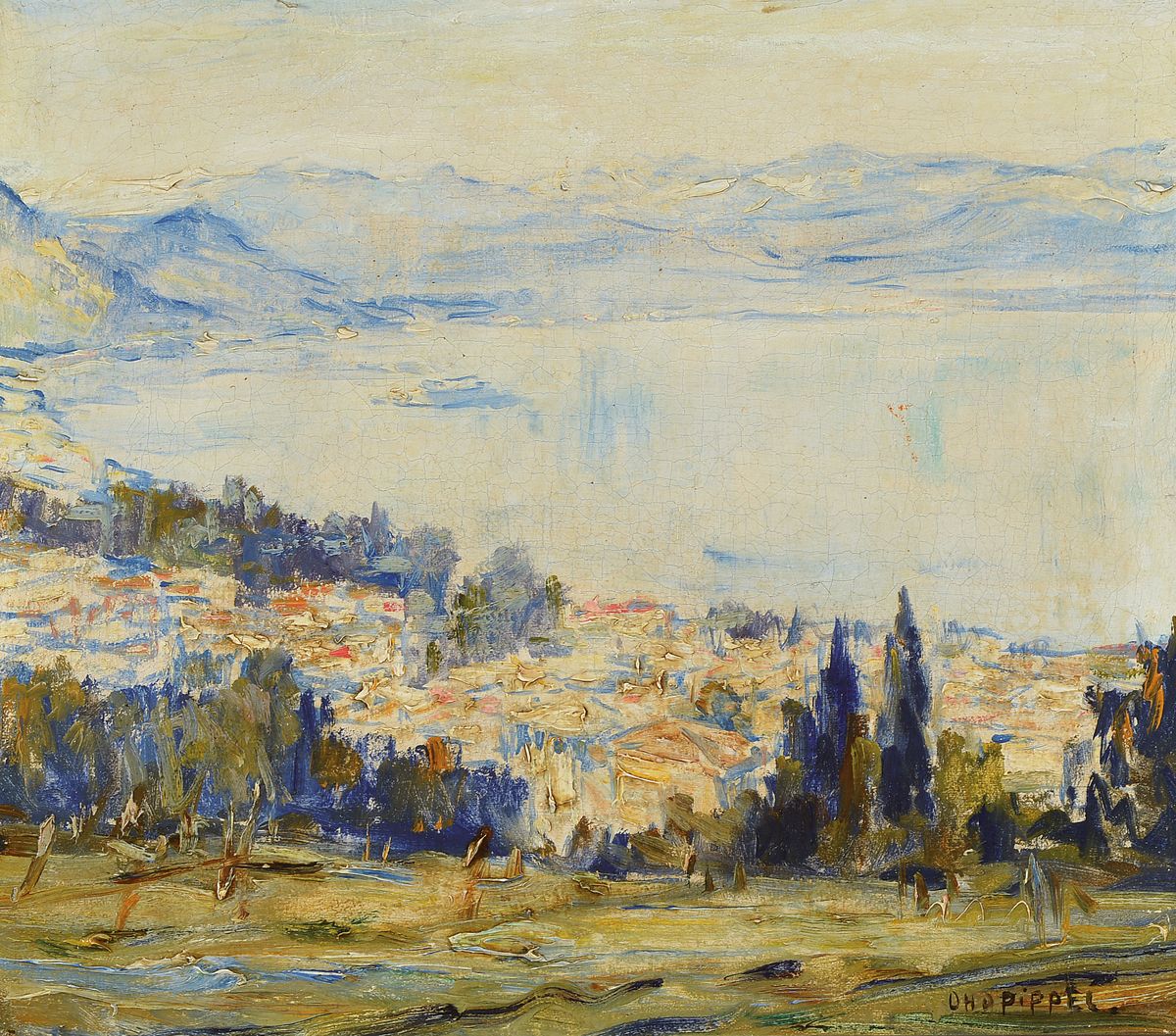 Otto Pippel, 1878 Lodz - 1960 München, Stresa am Lago Maggiore, sommerliche Ansicht auf den See, frühes Werk des Künstlers mit lockerem und ...