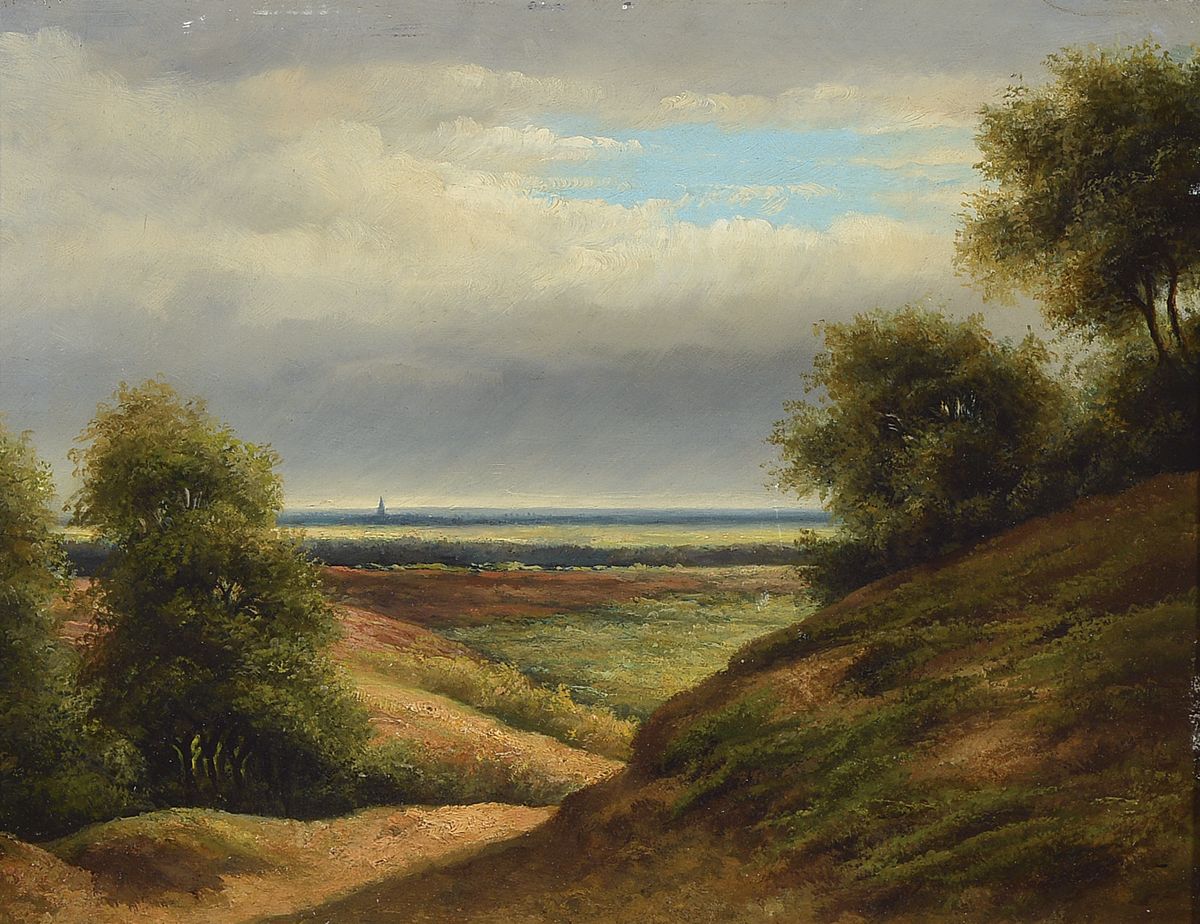 Heinrich Ludwig Frische, 1831 Altenbruch - 1901 Düsseldorf, weite Hügellandschaft, Öl/Holz, gute Varianz in den Grün- und Brauntönen, ...